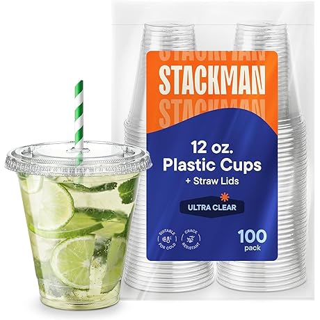12 oz Clear Plastic Cups with Straw-Slot Lids [100 Sets]