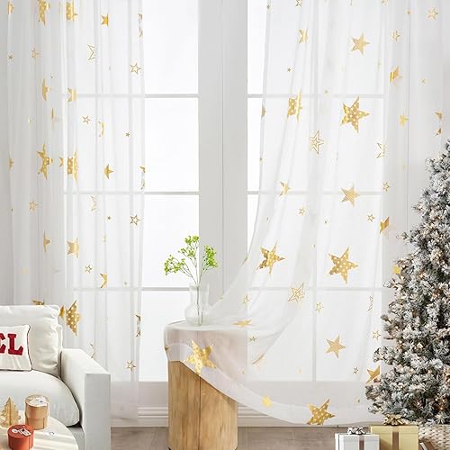 Cortinas traslúcidas doradas y blancas de 63 pulgadas de largo, juego de 2 paneles para sala de estar, cortinas traslúcidas con aspecto de lino para