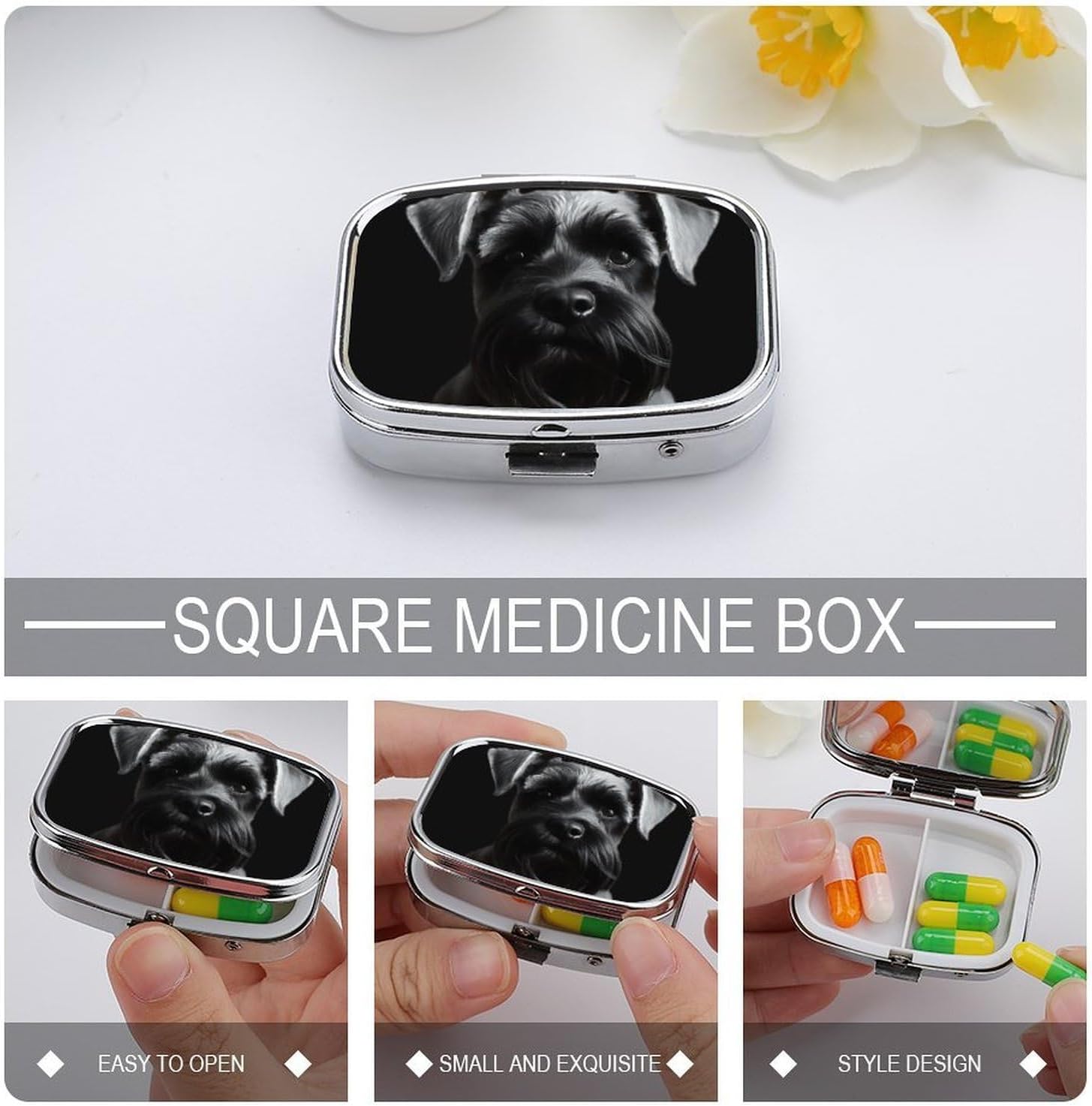 Black Schnauzer Dog Square Pill Case, Metal Pill Organizer image 4