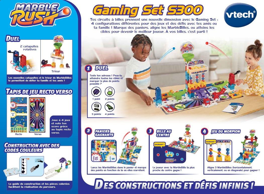 VTech - Marble Rush, Circuit à Billes Gaming Set S300, Jeu de Construction, 62 Pièces, 12 Billes, 1 Tapis de Jeu Recto Verso et 6 Jetons, Cadeau Enfant Dès 4 Ans - Contenu en Français