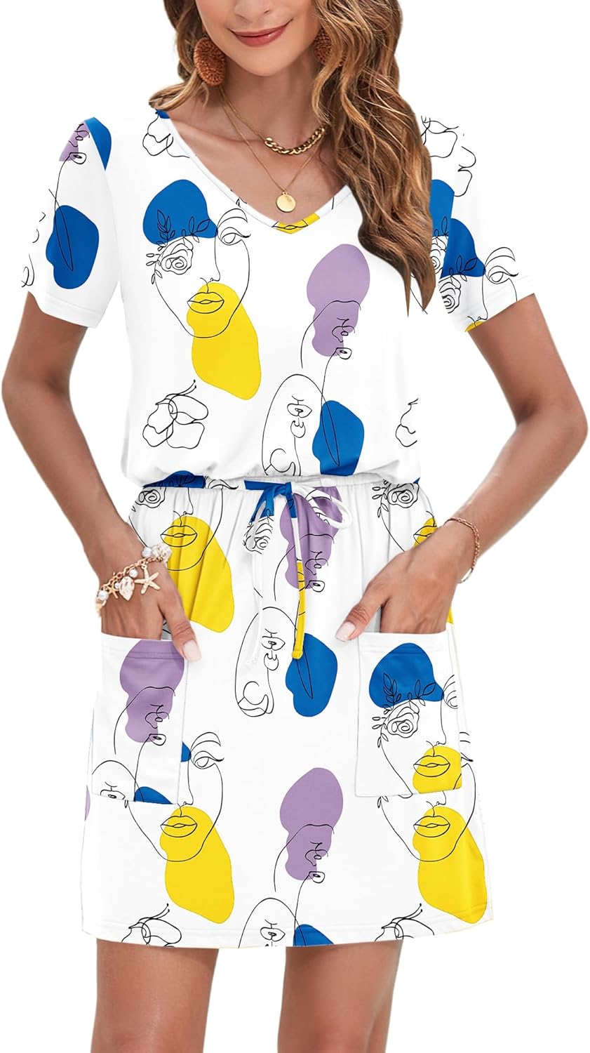 AUSELILY Womens Summer Dresses 2026 Causal Short Sleeve V Neck Tie Front Mini Short Dress with Pockets - Image 4