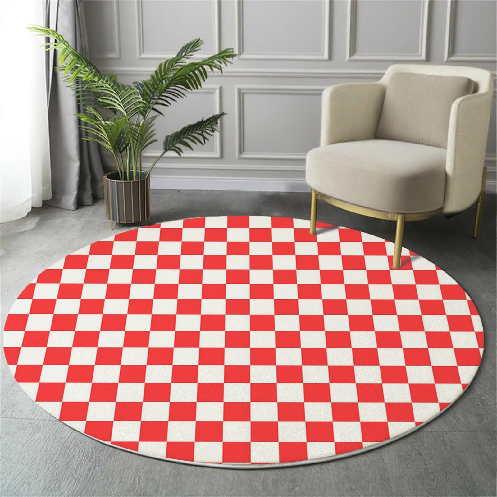 Tapis rond 200cm rouge lavable en machine et antidérapant pour le salon