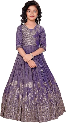 White Button Girls Banaras Weaving Simar Jacquard Gown | Royal Ethnic Long Maxi Dress