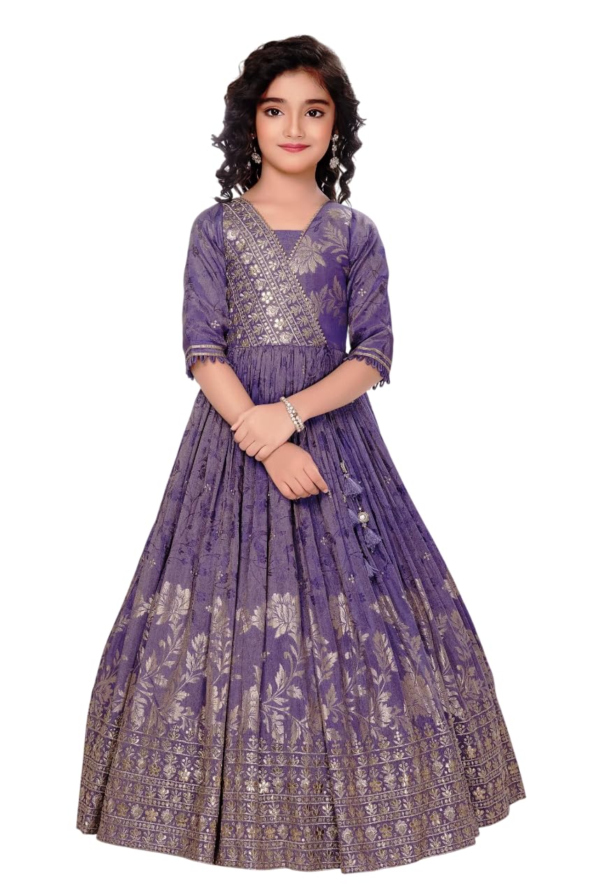 White Button New Turquoise Blue Embroidery Art Silk Jacket Style Gown for Girls Maxi Dress