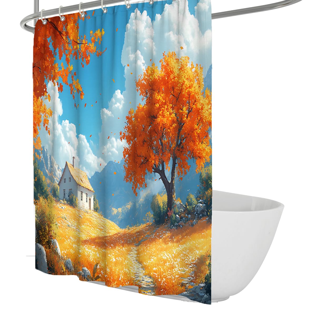 UERWOWELL Impressionist Fall Landscape Shower Curtain Blue Sky Countryside Cottage Golden Meadow Polyester Fabric Bathroom Curtain Quick Dry W200xL200 cm