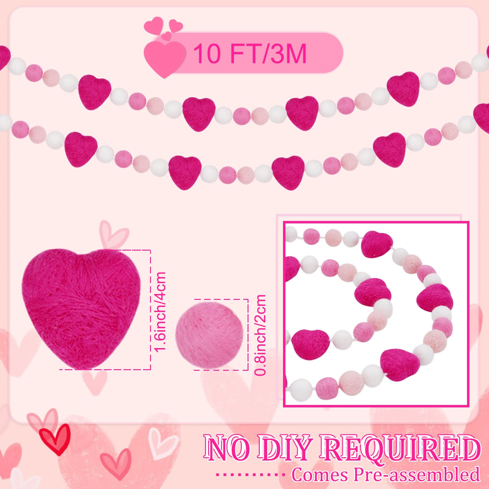 Whaline Valentinstag-Filzkugel-Girlande, 49 Bälle, Herz-Banner, rosa, weiß, flauschig, hängendes Ornament für Urlaub, Party, drinnen und draußen, Heimbüro, Dekoration, 3 m