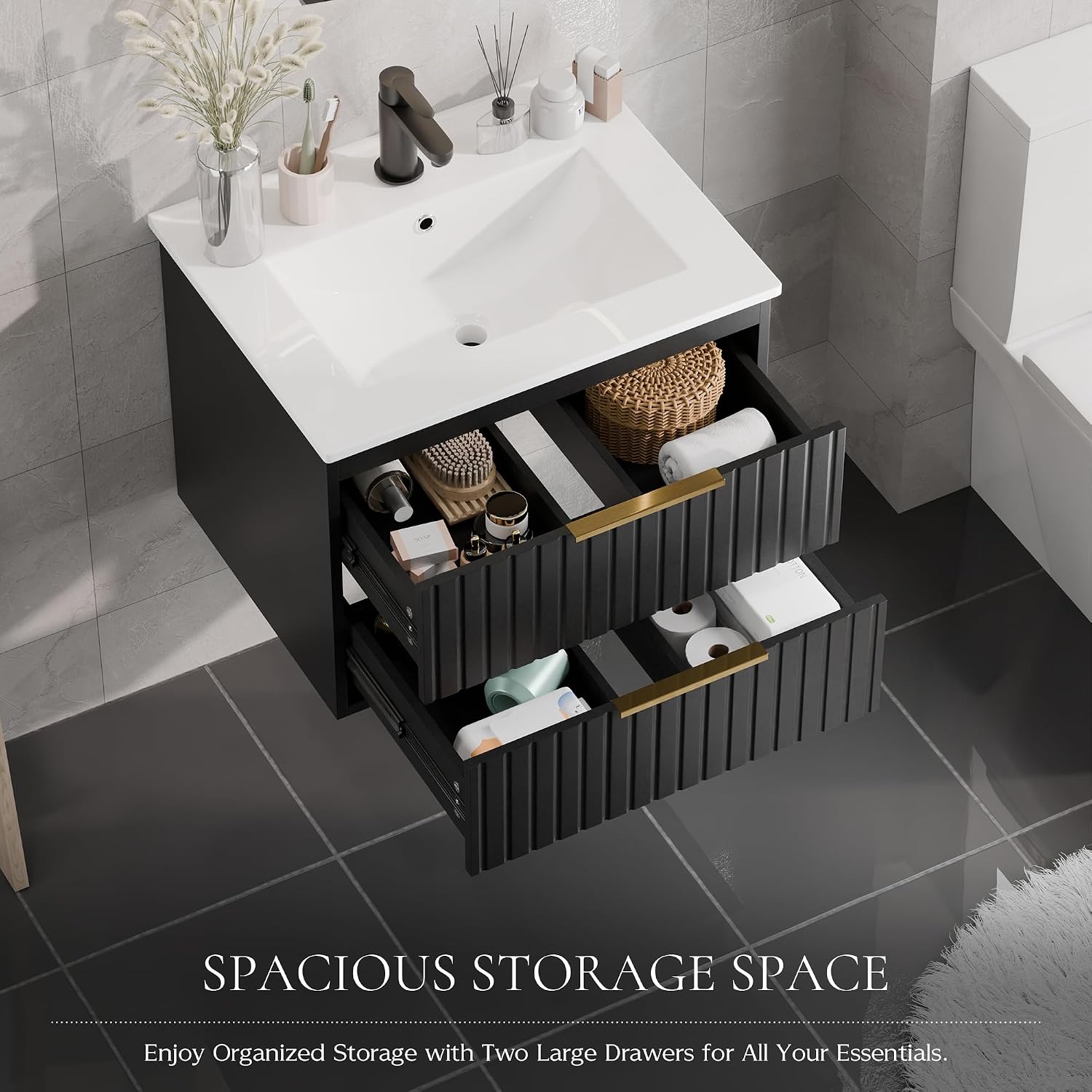 MU 24 Inch Bathroom Vanity with Sink, Floating Bathroom Vanity with 2 Large Drawers and Gold Metal Handles, Modern Wall Mounted Sink Cabinet, Vertical Stripe Design, Heavy-Duty Slides, Black