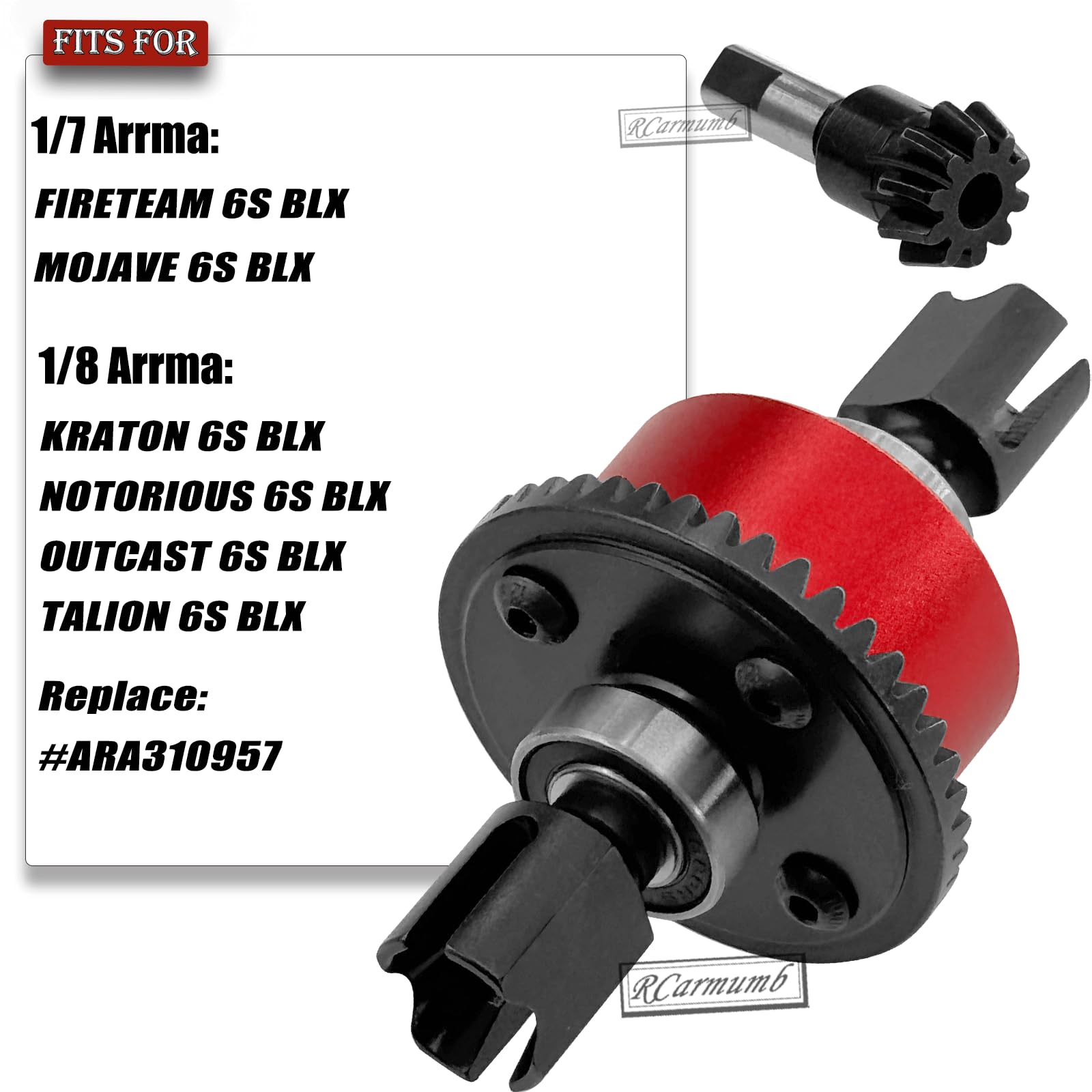 Rcarmumb 43T Differential Active with 10T Input Gear Upgrades Part for Arrm a 1/7 Fireteam Mojave 1/8 Karton Notorious Outcast Talion,Metal Diff Set Hops Up,Replace #ARA310957,Red