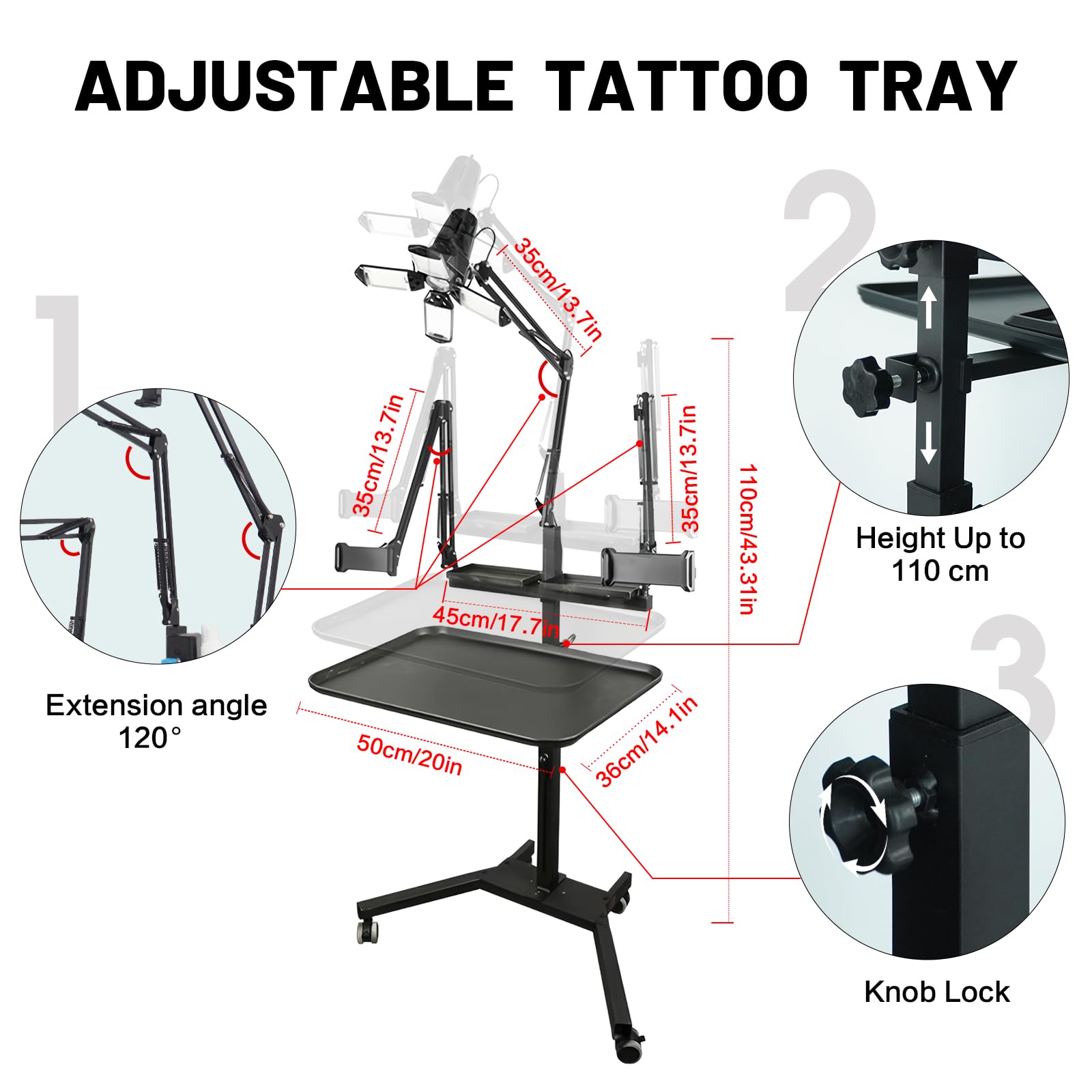 GBK Tattoowagen mit LED-Licht, höhenverstellbarer mobiler Tattoo Tisch mit Tablet- & Handyhalter