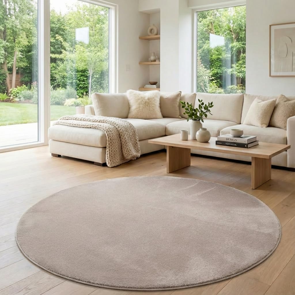 Jimri Flauschiger Teppich Läufer - Hochwertiger Kurzflor für Zuhause, Büro, Küche, Eingang, Flur, Wohnzimmer - Maschinenwaschbar - Rutschfester Teppich Waschbar - 80 cm Rund - Beige