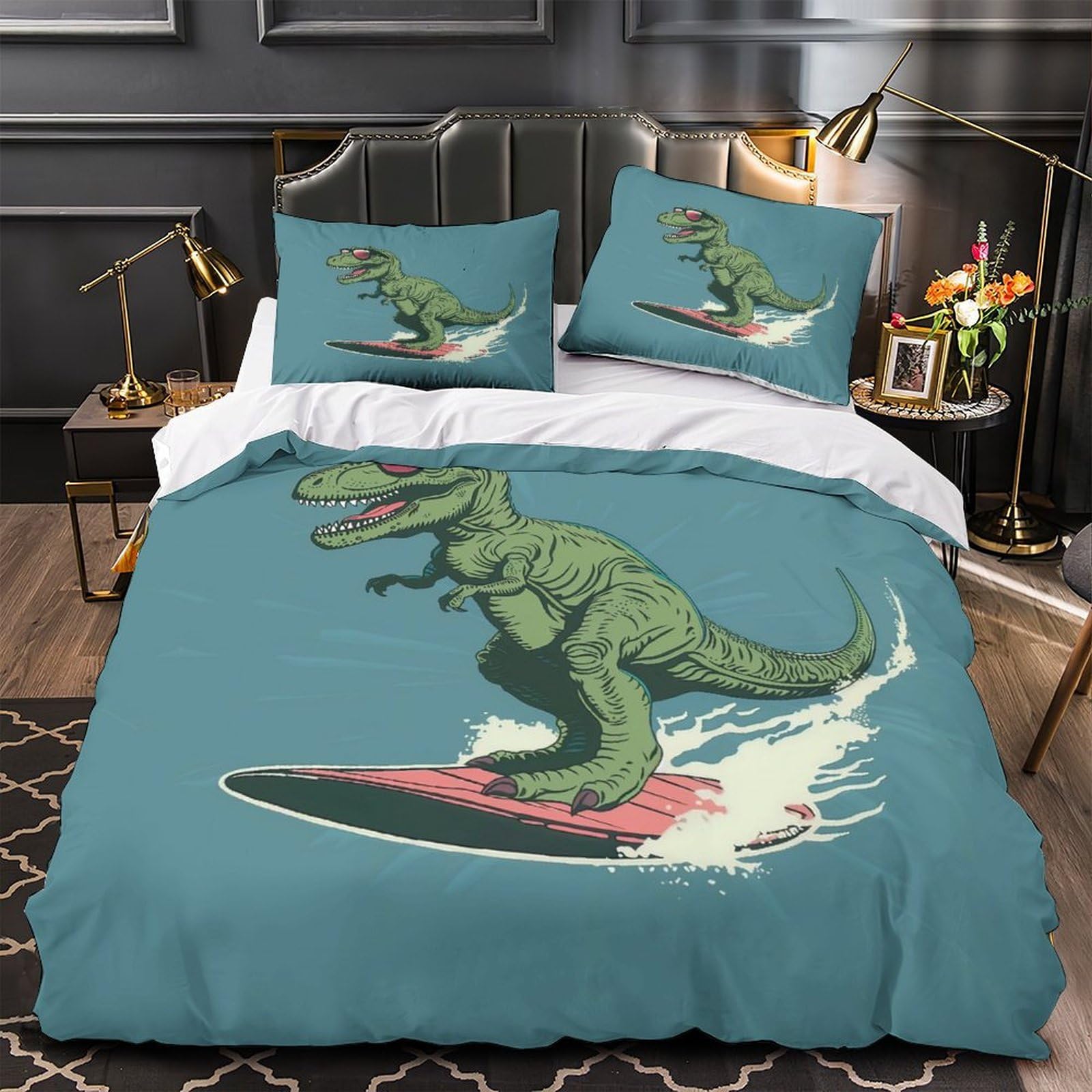 Parure de lit 3D haut de gamme en microfibre résistante motif surf dinosaure