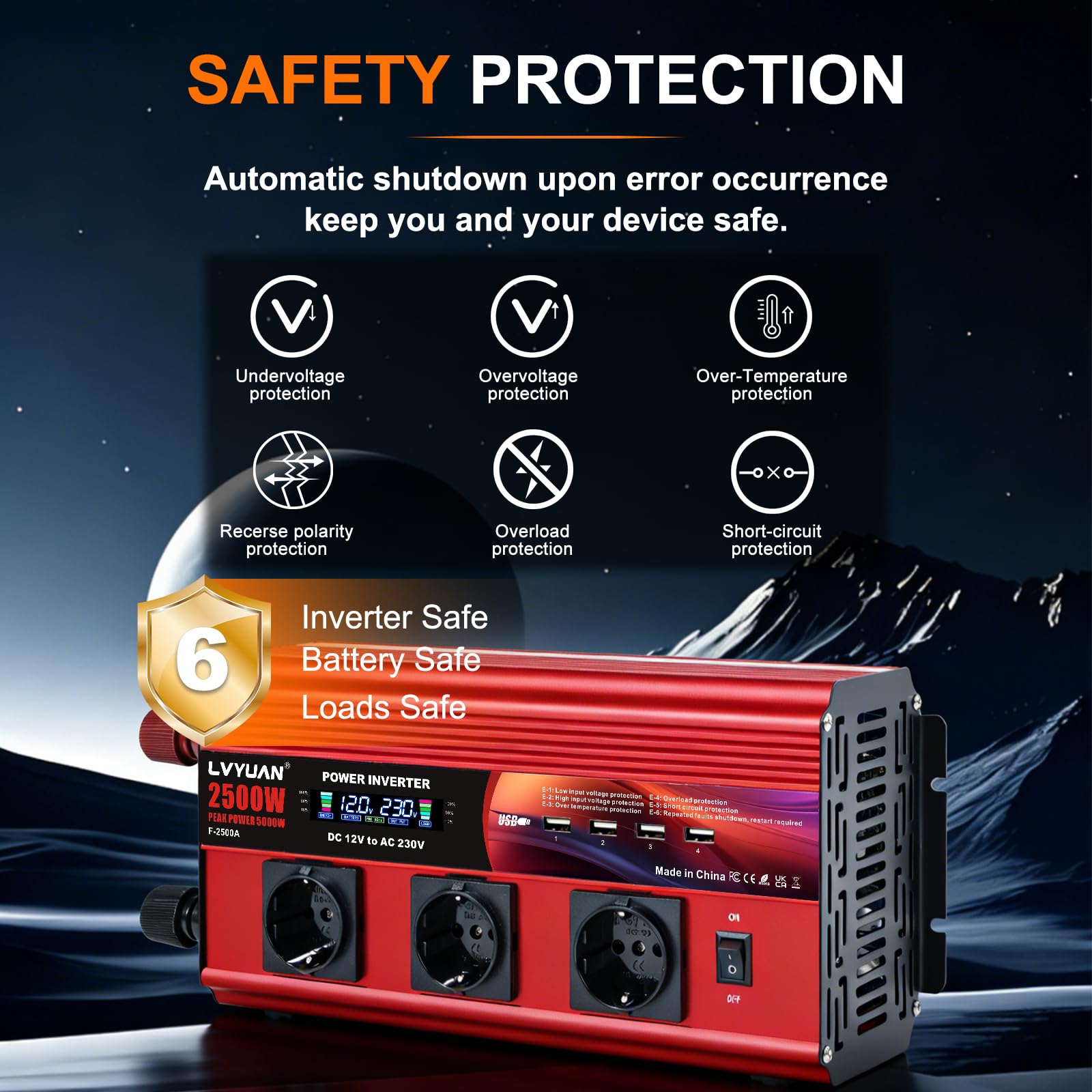 LVYUAN 2500W/5000W Wechselrichter DC 12V auf 230V AC Spannungswandler Konverter mit Fernbedienung, LCD, 4 USB Ports, 3 AC Steckdose für Outdoor, Notstromausfall