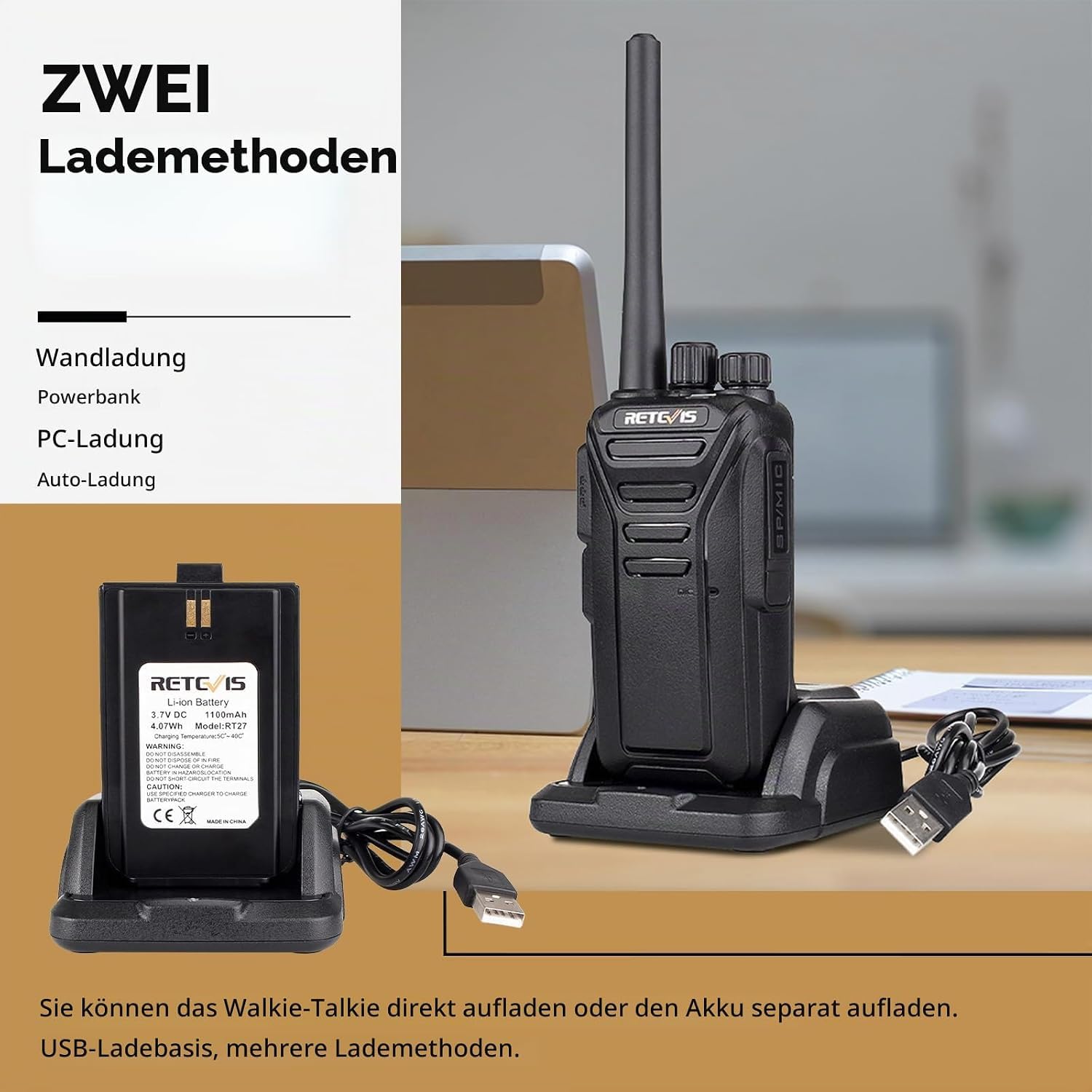 Retevis RT27 Walkie Talkie Funkgerät, 16 Kanäle PMR Lizenzfrei VOX Notanruf, Funkgeräte Wiederaufladbar mit USB Ladeschale, Funkgeräte Set für Zuhause, Camping, Flotte (2 Stück, Schwarz)