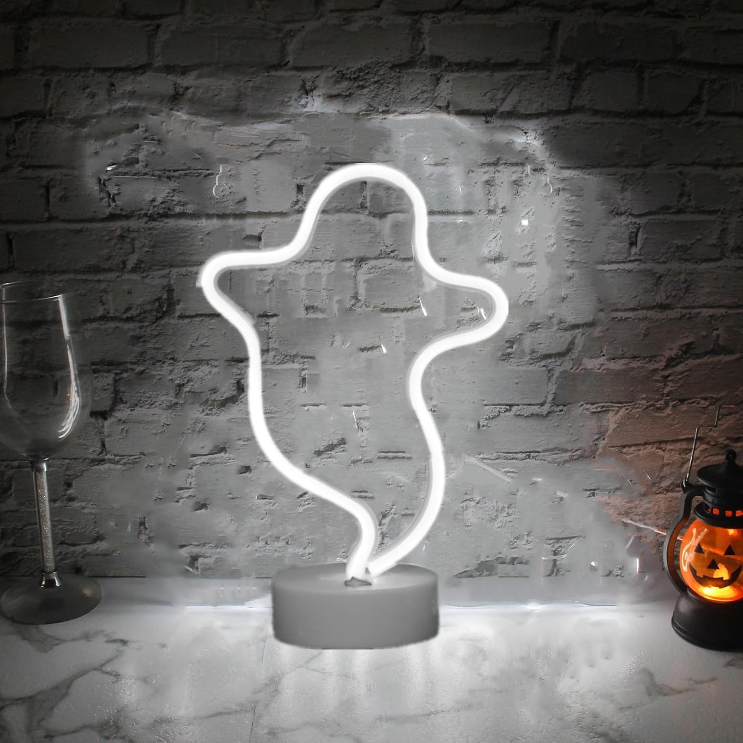 LED White Neon Sign Battery/USB Powered Halloween Ghost Shape Neon Lamp With Base for Bedroom Bar Office Desk Halloween Decorations(28.5x10x18cm/11.2x3.9x7In)