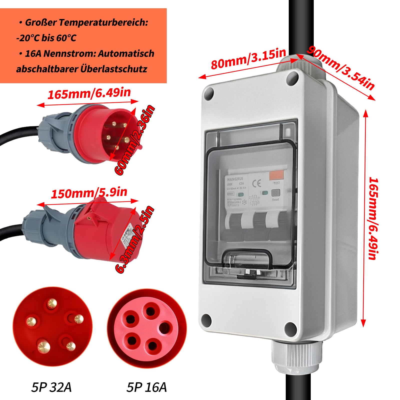 Adattatore CEE per corrente forte da 32 A a 16 A, cavo di prolunga con spina CEE IP44, con interruttore differenziale, spina per corrente forte a 5 poli, per roulotte, campeggio, cantiere, officina