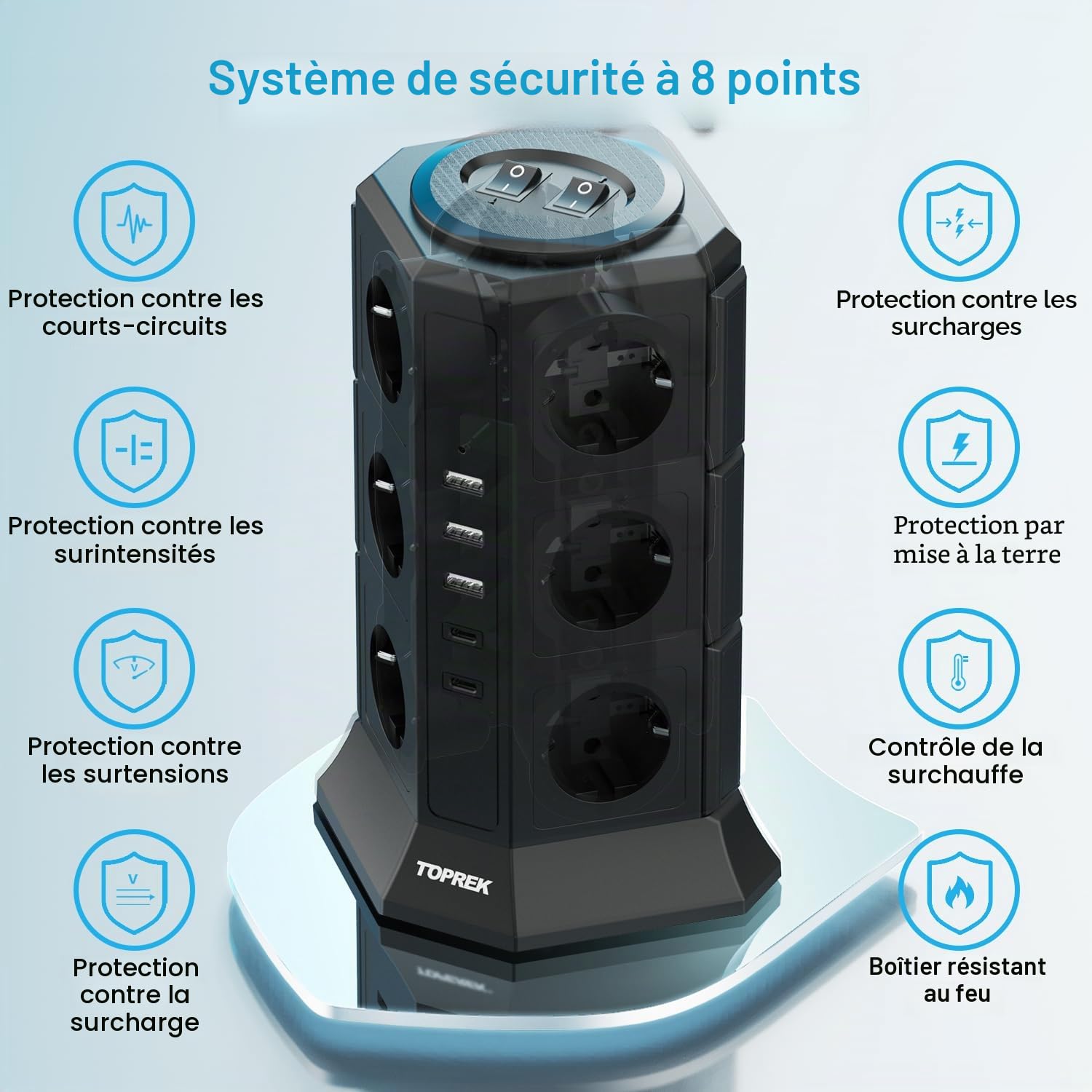 TOPREK Tour Multiprise avec Interrupteur Parafoudre, 12 Prises, 5 USB, Cube