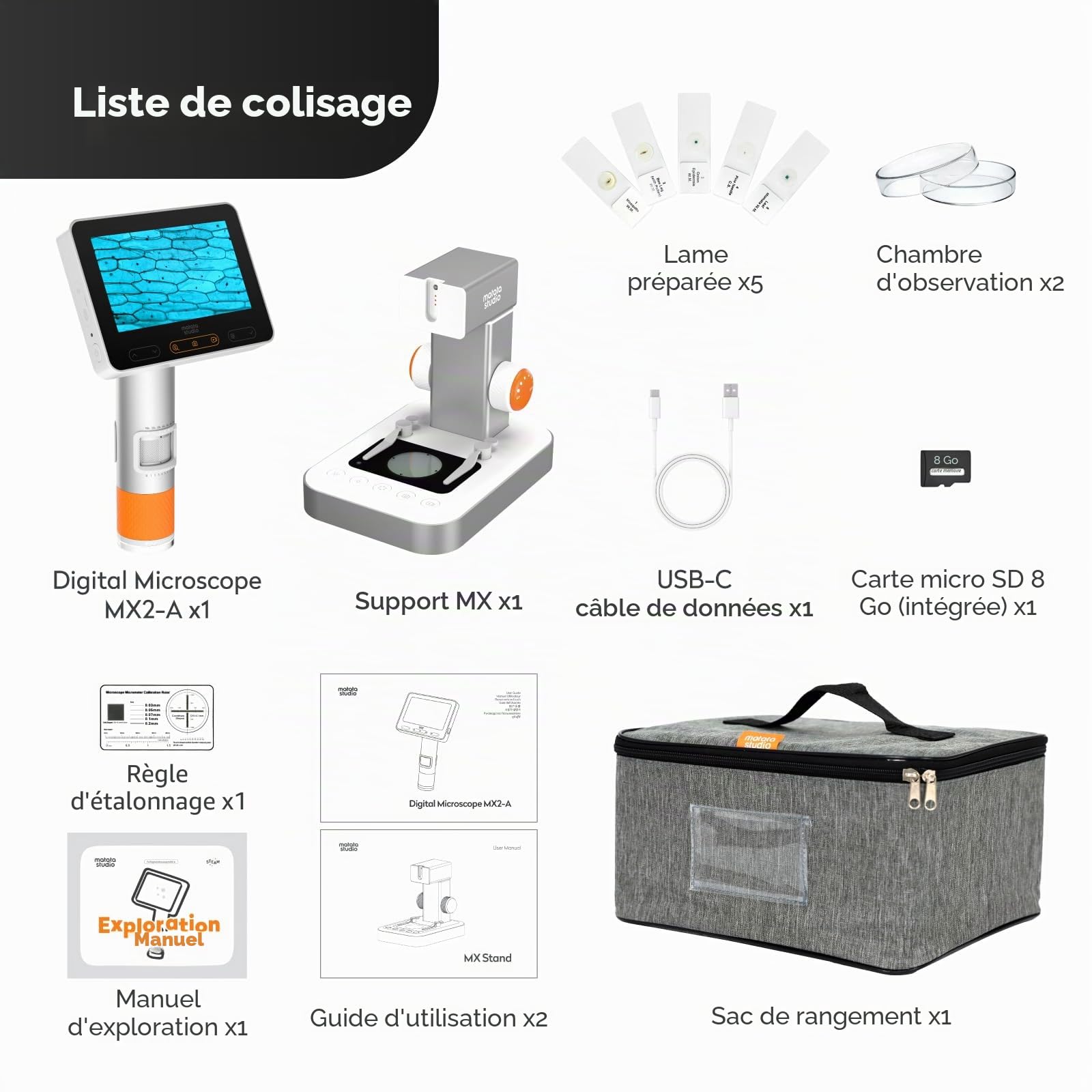 Microscope Numérique Professionnel Enfant, MatataStudio MX2-AS Microscope Electronique Portable Portatif 2 en 1 avec 4,3" LCD, Zoom 100x-1600x, Prend en Charge Photo et Vidéo, Cadeau d'anniversaire