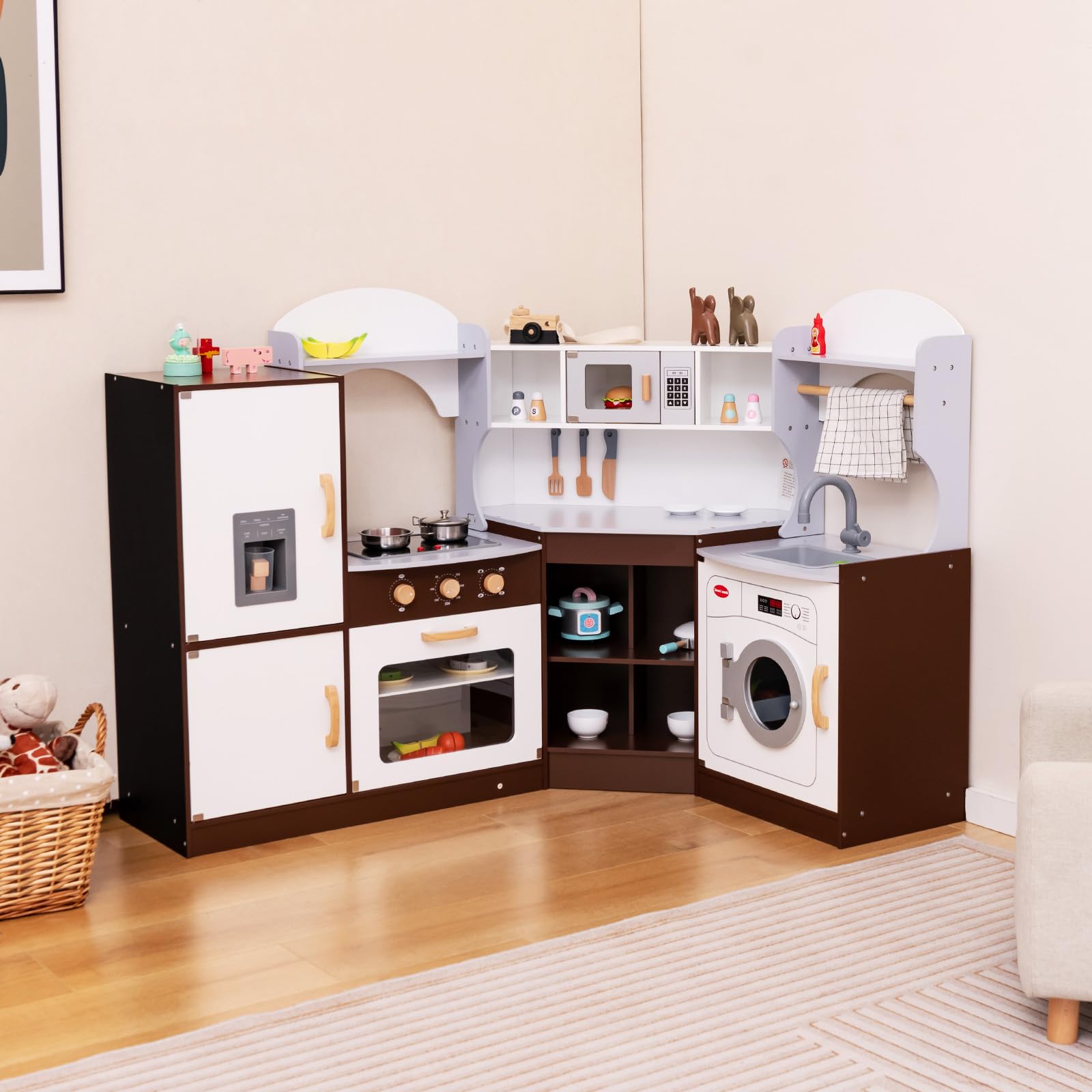 GOPLUS Eck Spielküche aus Holz, Rollenspielküche für Kinder mit Eismaschine, Mikrowelle, Herd, Ofen, Spüle, Waschmaschine, Kinderküche mit Lichtern und Geräuschen für Kinder ab 3 Jahren