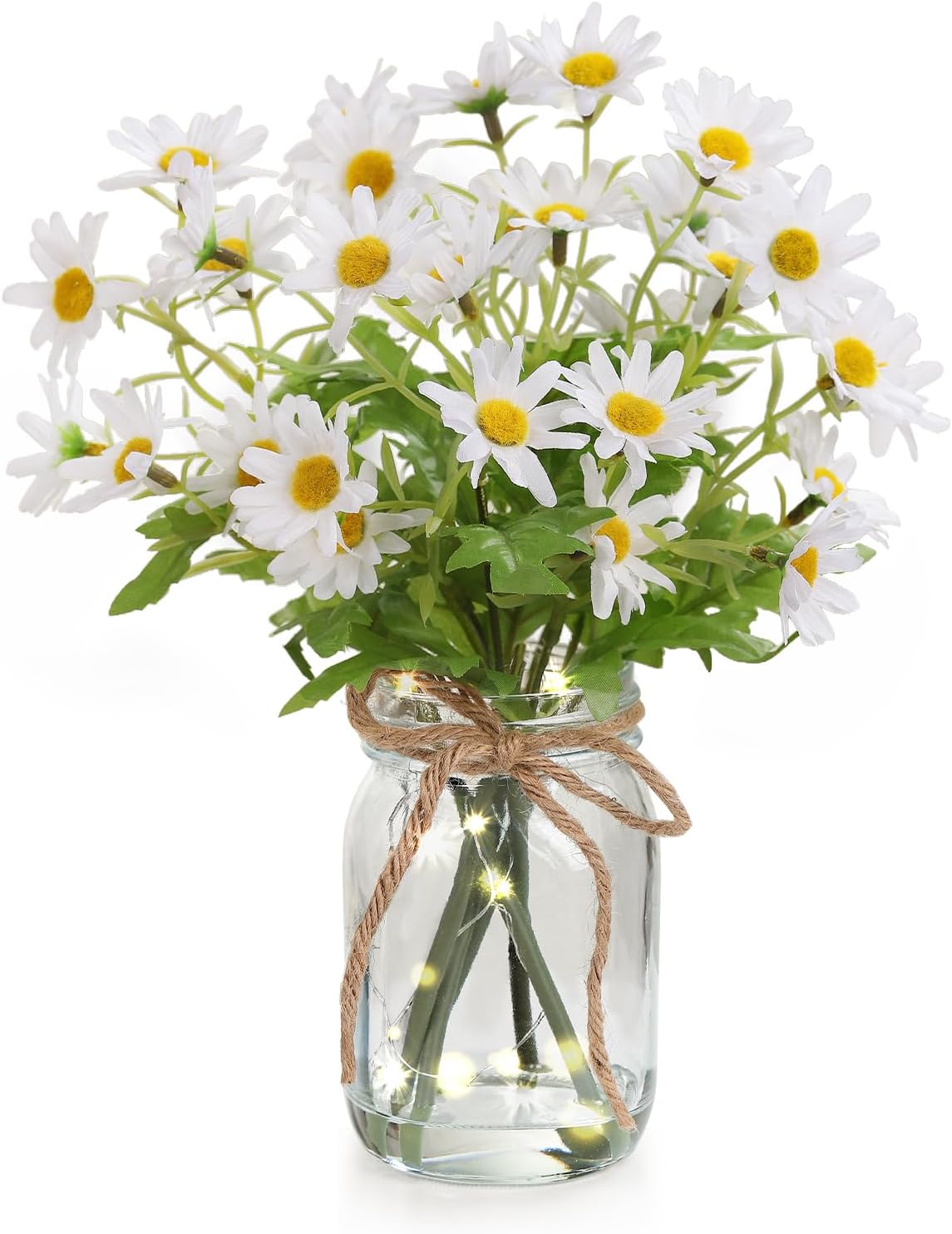 Artificial Daisy Flowers in Glass Vase with Faux Water, White Faux Silk Daisies with Stems for Centerpiece Decor, Fake Wildflowers with Lights for Home Office Farmhouse Wedding Decoration
