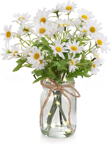 Artificial Daisy Flowers in Glass Vase with Faux Water, White Faux Silk Daisies with Stems for Centerpiece Decor, Fake Wildflowers with Lights for Home Office Farmhouse Wedding Decoration