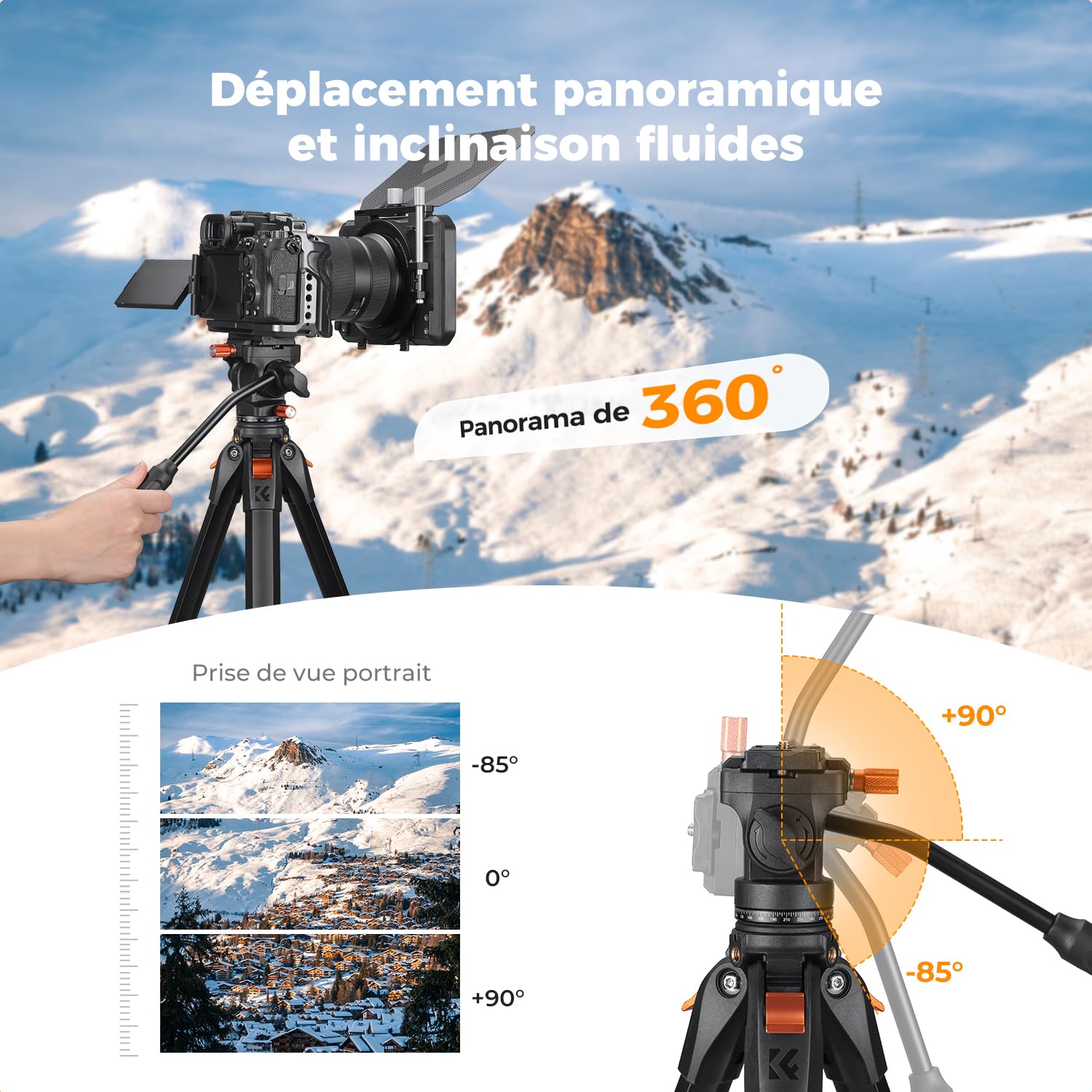 K&F Concept Trépied Aluminium 186cm avec Tête Fluide | Portable léger, pour DSLR/hybride/caméscope/streaming/vlog, charge 3kg, Air - A305A3+FH-04