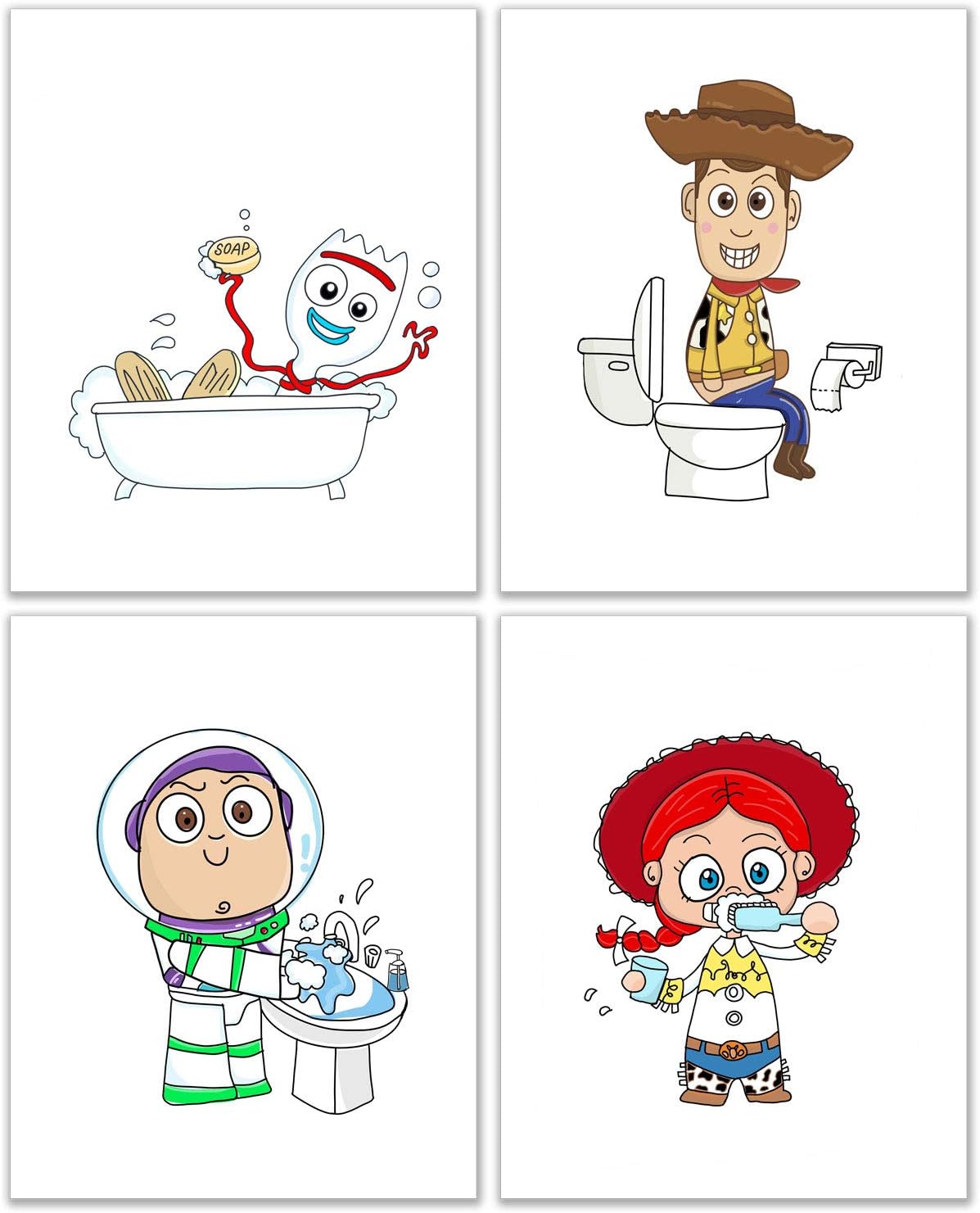 Toy Story Bathroom Photos - Set of 4 (8 inches x 10 inches) Woody Jessie Buzz Lightyear Forky Prints