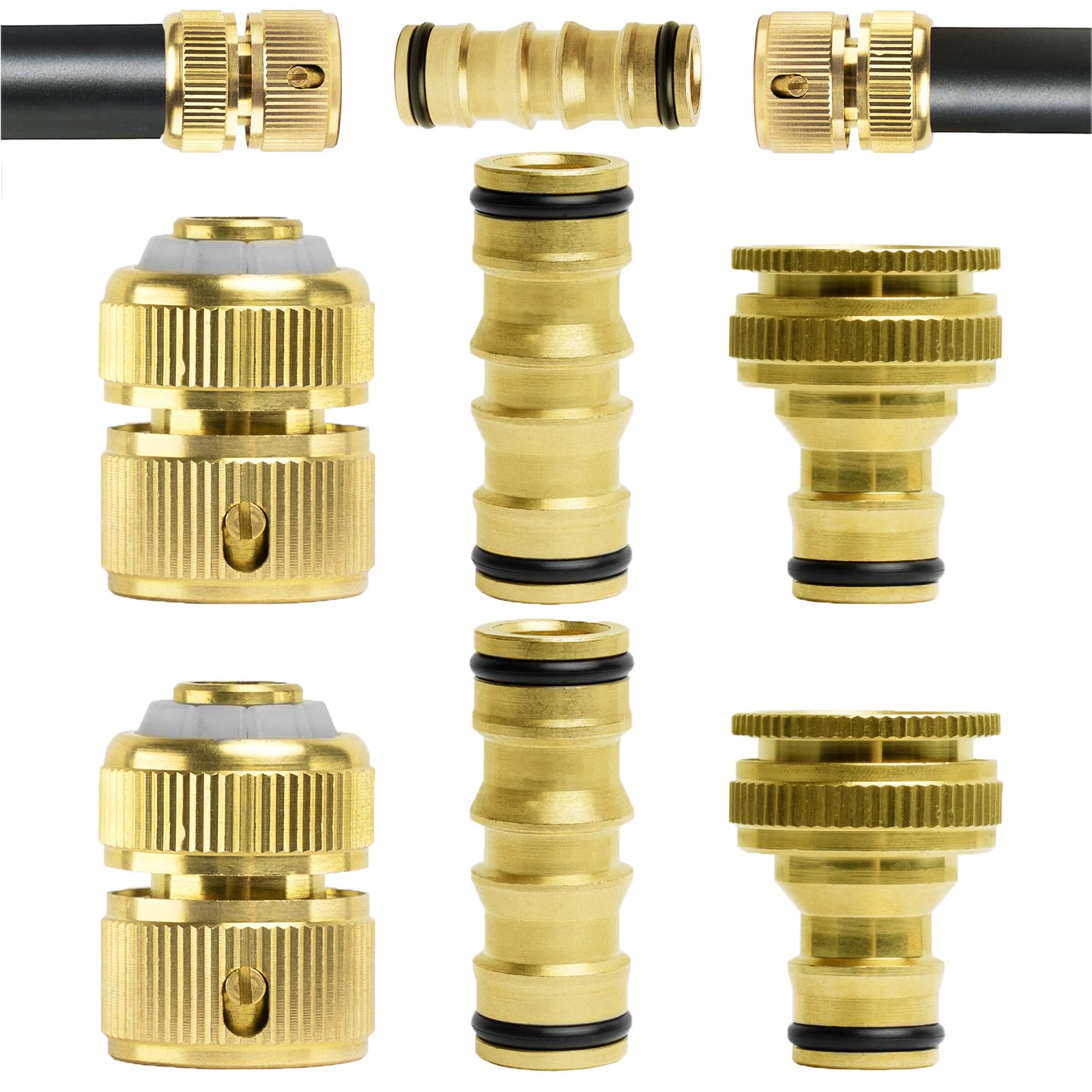 ESTABA Brass Garden Hose Tap Connector 6 Pack - 2 Double Male, 2 Hose End, 2 Tap Connector and 2-in-1 Faucet Adapter, for Standard Fits Most Hoses