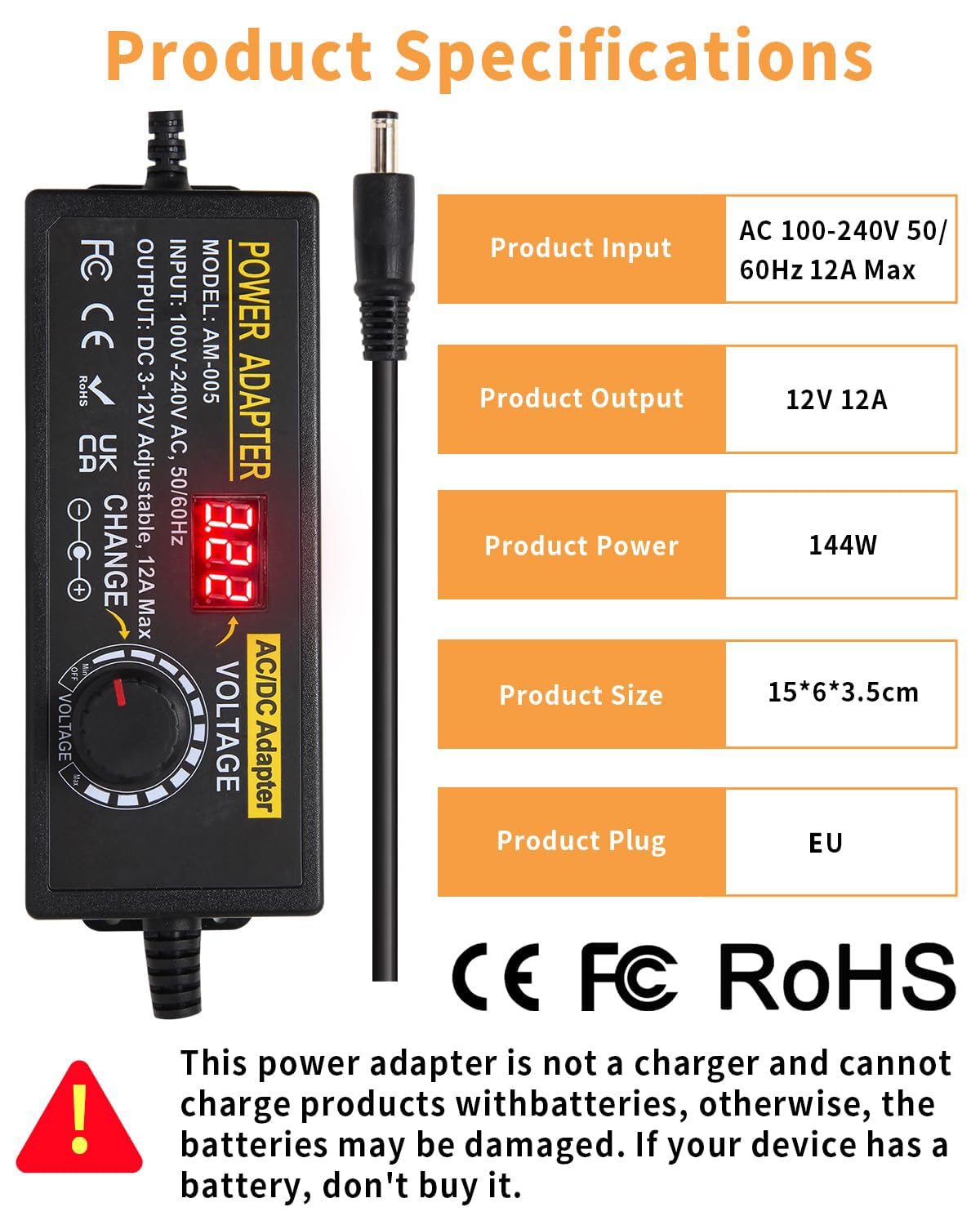 Alimentatore universale da 12 V, 12 A, alimentatore regolabile, 3 V, 12 V, 12 A, adattatore di alimentazione universale, 144 W, 100 V, 240 V, AC a DC, 12 V, 11 V, 10 V, 8 V, 9 V, 6 V, 5 V, 3