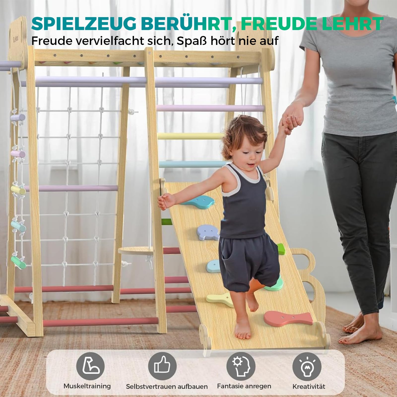 Maxi Klettergerüst Indoor, 10 in 1 Multifunktional Klettergerüst ab 1 Jahr, Montessori Spielplatz aus Holz mit Rutsche, Schaukel, Kletternetz, Kletterwand, Robust und sicher Kletterausrüstung