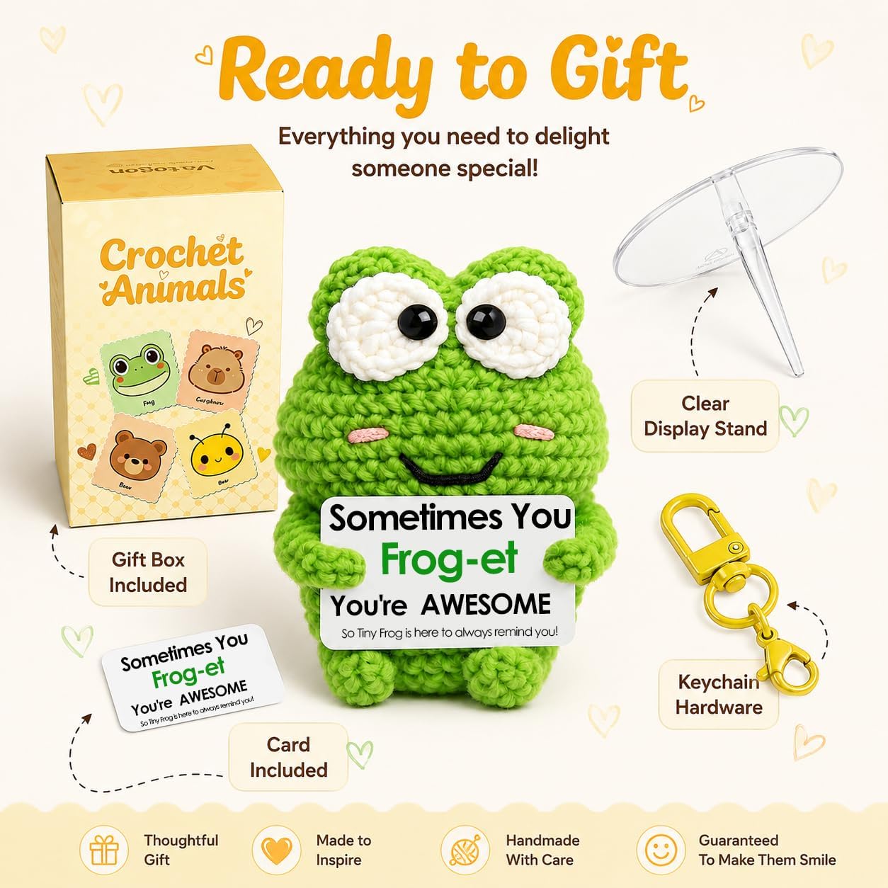Crochet Frog Gifts for Women Men Birthday Christmas with Encouragement Card