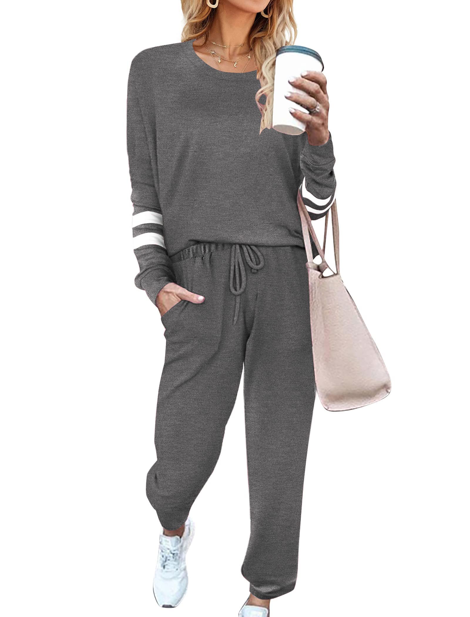 Ekouaer Sweatsuits Womens Loungewear Set Tracksuit Long Sleeve Pajamas Set | Soft &amp; Breathable, 2 Piece Outfits Lounge Sets with Pockets, Contrast Color, Casual Loose Style Pjs Jogging Set