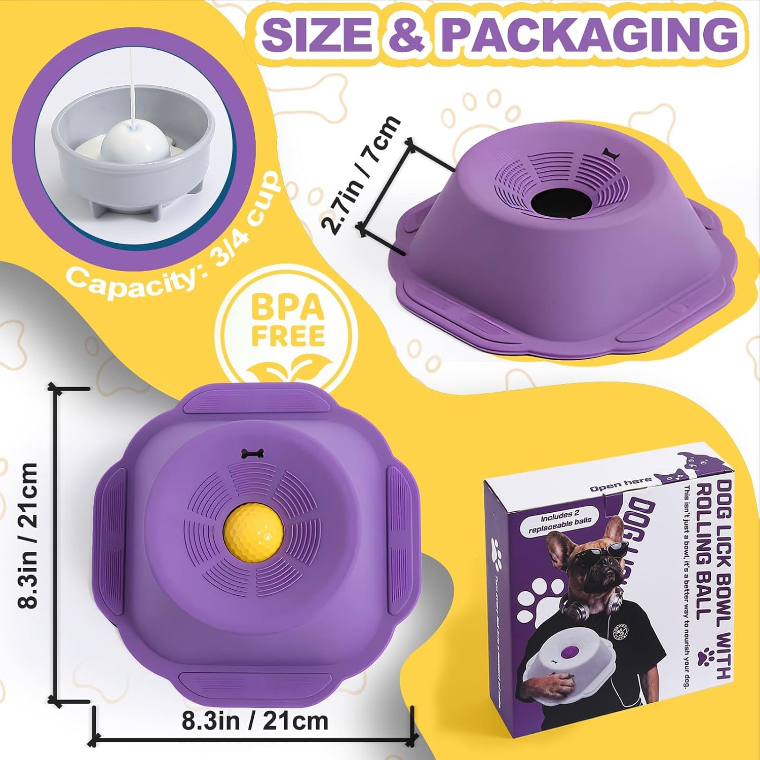 Dog Licking Bowl with Rolling Ball, Lick Toy, Anti Boredom Toys