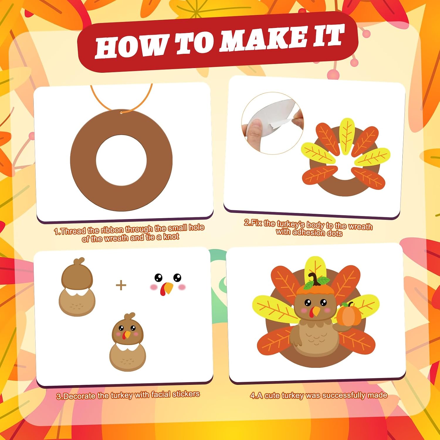 PAIVSUN 12 Sets Turkey Craft Kits Thanksgiving Wreath Arts and Crafts Signs Fall Decorations Make a Turkey Crafts for Party Home Activities (Turkey) image 4