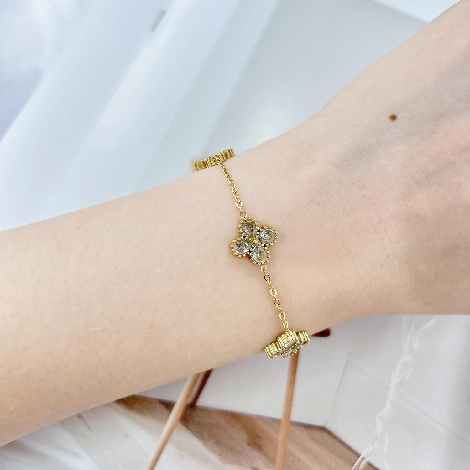 Dainty Lucky Four Leaf Clover Bracelet for Women Stackable Chain Waterdrop Rhinestone Stainless Steel Adjustable Link Bangle Good Luck Irish Holiday Trendy St Patrick’s Day Gift Jewelry for Mom Wife - Image 2