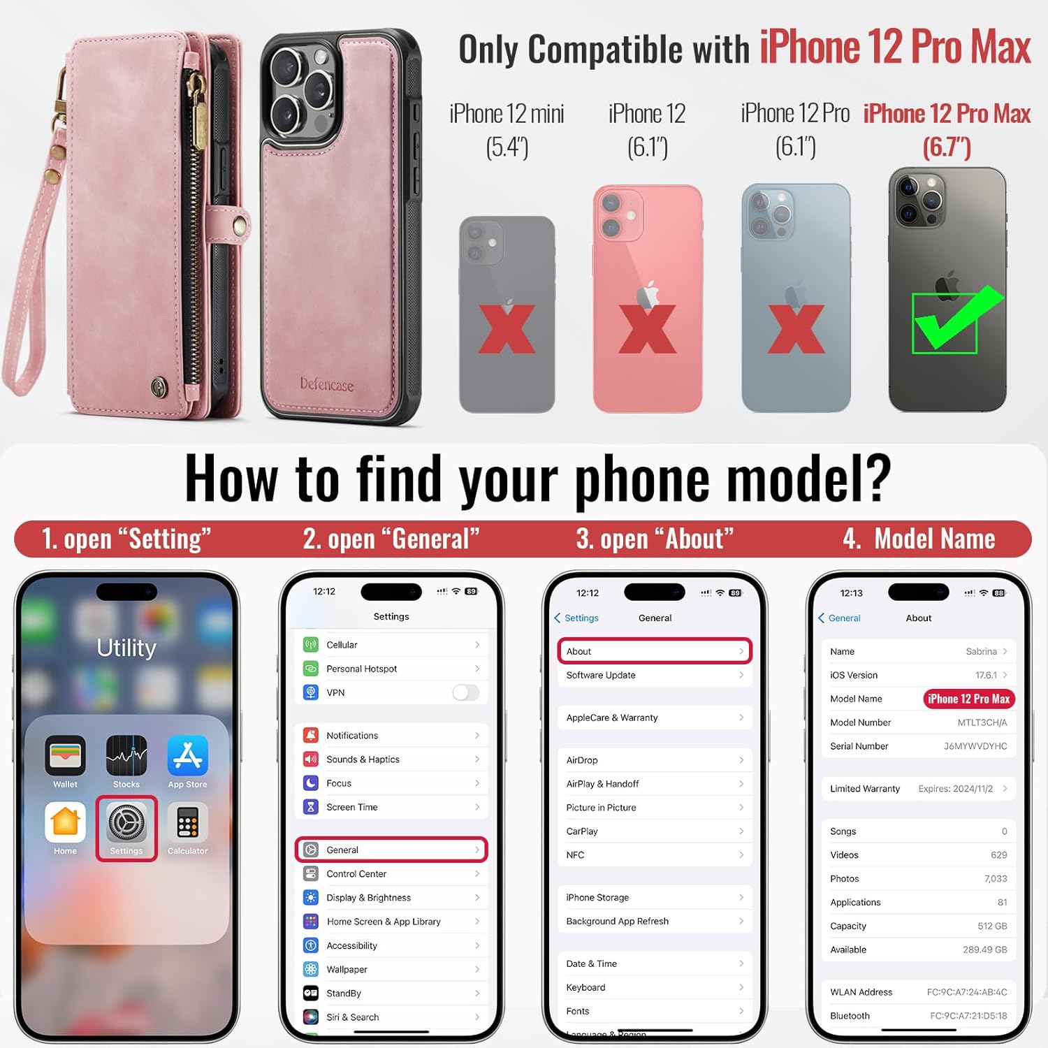 Defencase for iPhone 12 Pro Max Magnetic Wallet Case Compatible with Magsafe with RFID Blocking Zipper Strap Card Holder for Women, PU Leather Detachable Case for iPhone 12 Pro Max (6.7"), Rose Pink