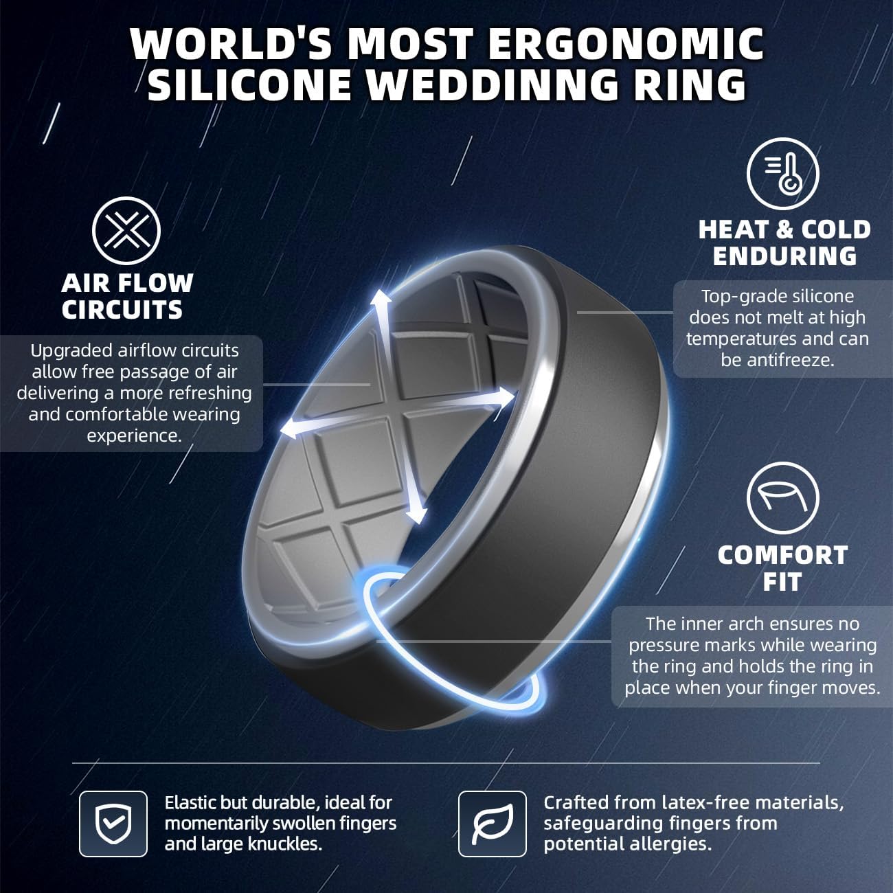 Egnaro Men's Silicone Wedding Rings, 10.5mm x 2.8mm Thick Black Rubber Engagement Band Waterproof For Workout - Image 2