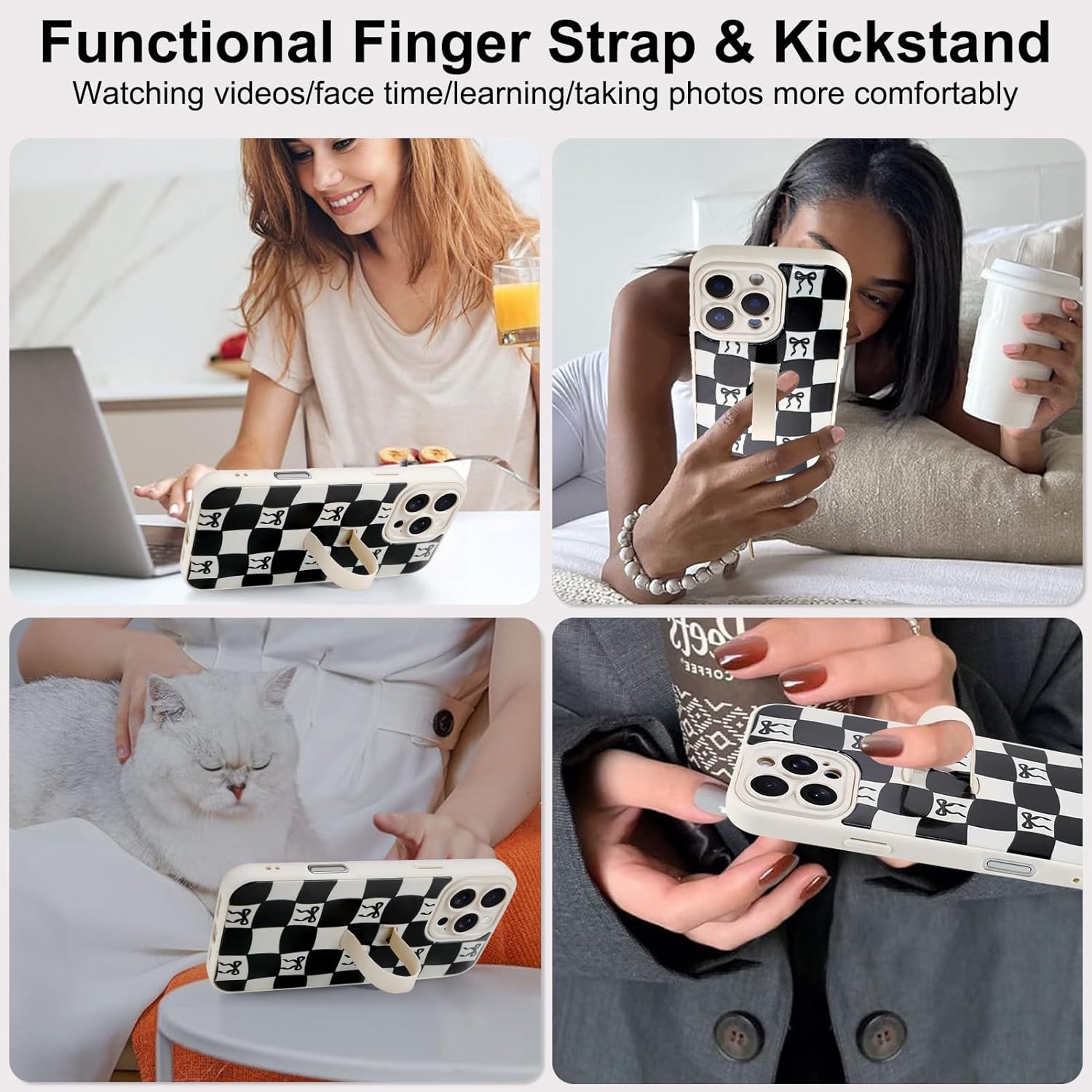 Checkered Case for iPhone 16 Pro Max with Finger Strap Kickstand Cute Checkerboard Bow Phone Case for Women Girls, Full Camera Protection Shockproof Cover for 16 Pro Max 6.9 inch, White - Image 5