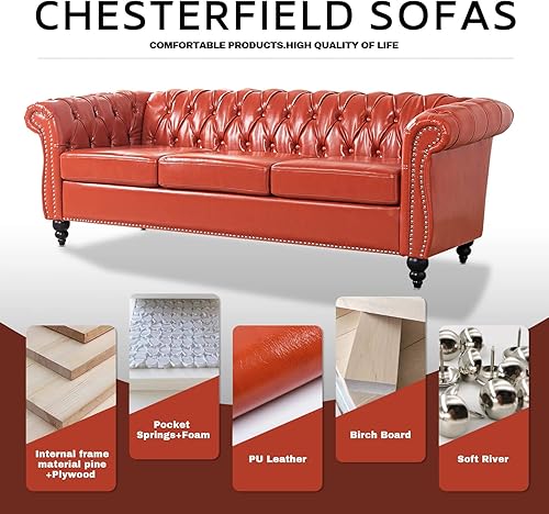 Miniatura 7 de Sofá Chesterfield de piel sintética copetuda naranja para sala de estar, brazo enrollado de 84 pulgadas, sofá de 3 plazas, con botón profundo,