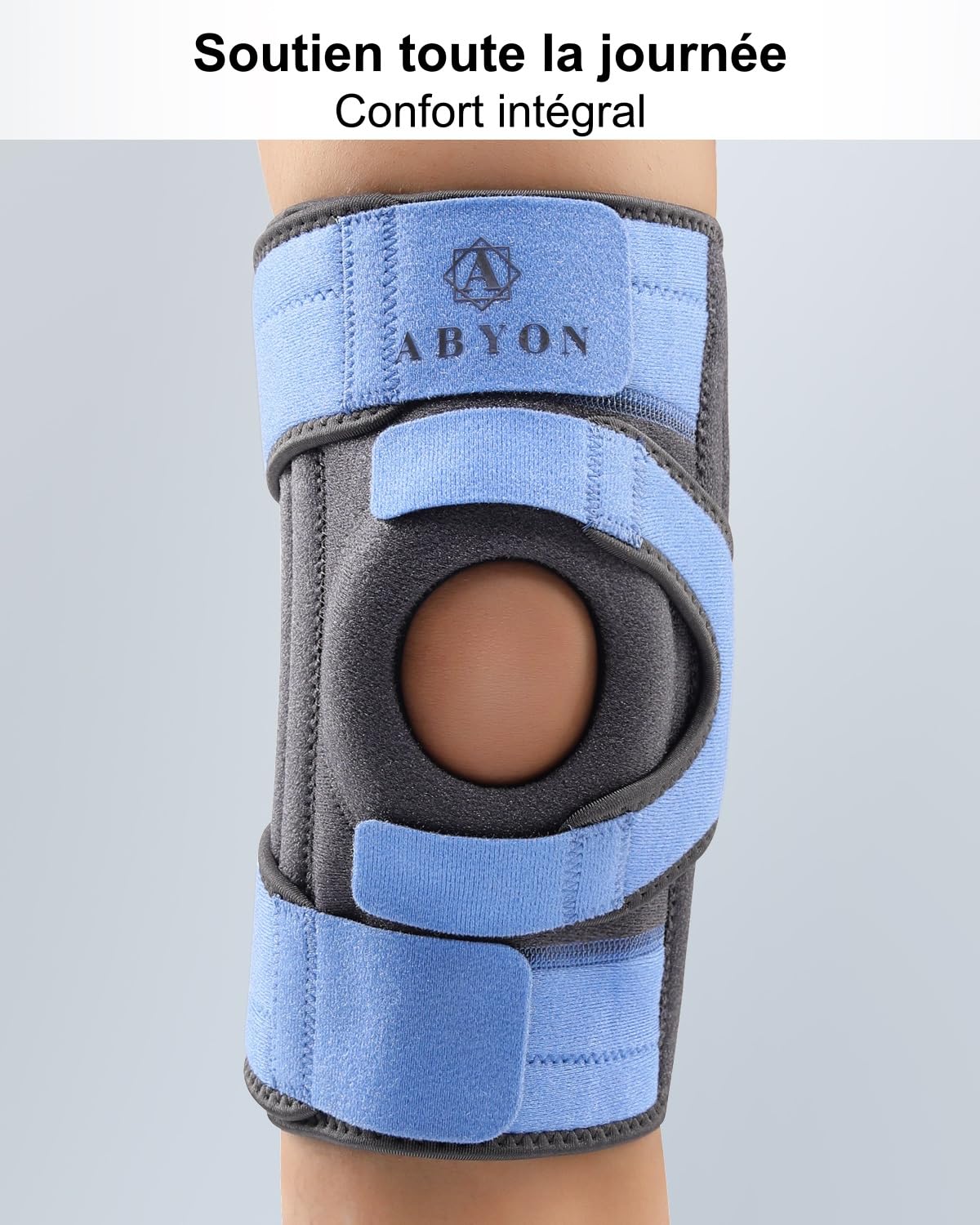 ABYON Genouillère Femme Homme – soutien du genou pour ménisque, LCA, arthrite, avec 3 stabilisateurs latéraux et sangle ajustable 360° pour soulagement de la douleur et récupération rapide
