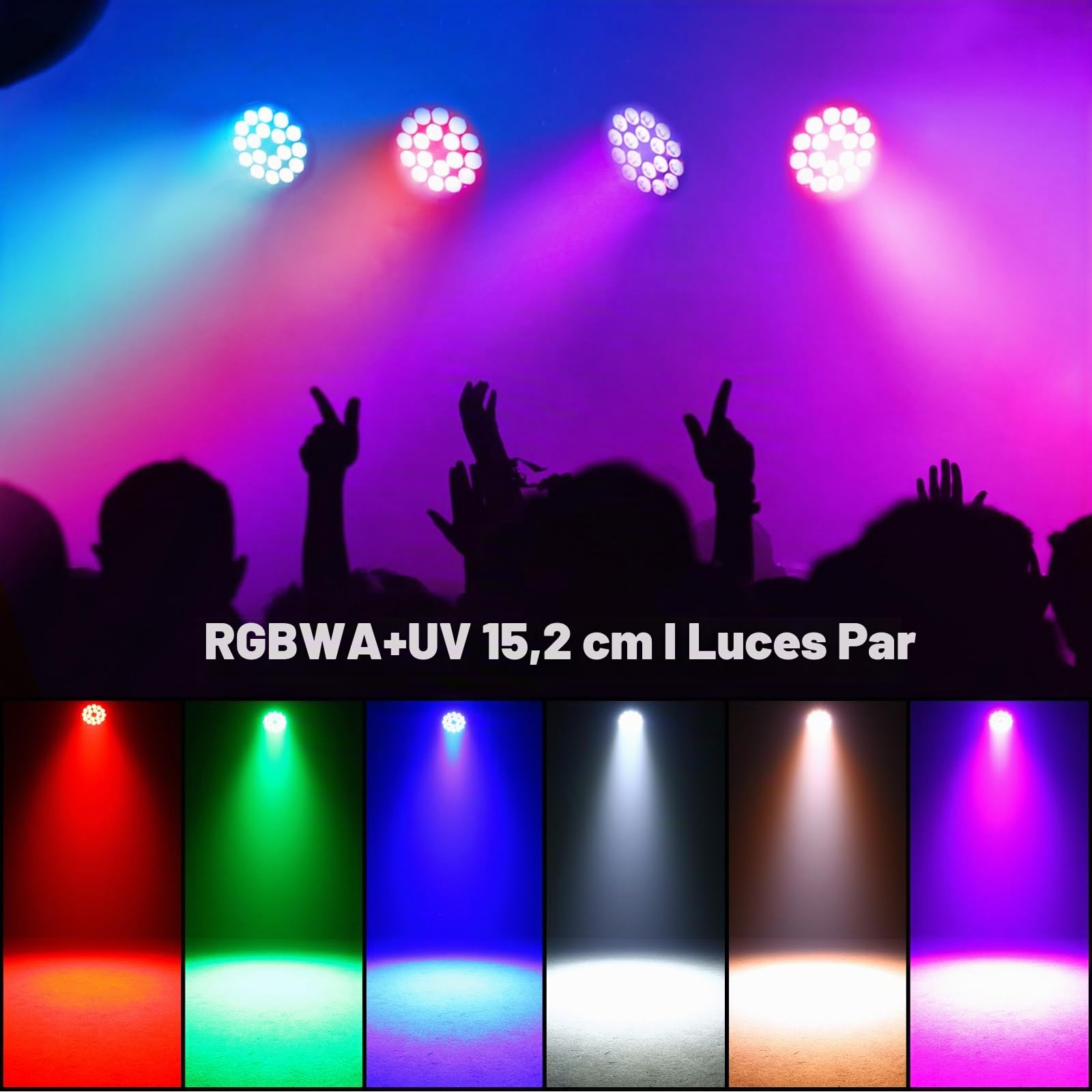 RGBWA UV Focos Par LED 200W, 18 LED Luces Escenario con D MX 7/10CH y Modo Estroboscópico, Luz DJ Profesionales para Discoteca Bar Fiesta Bodas Espectáculos Navidad Halloween