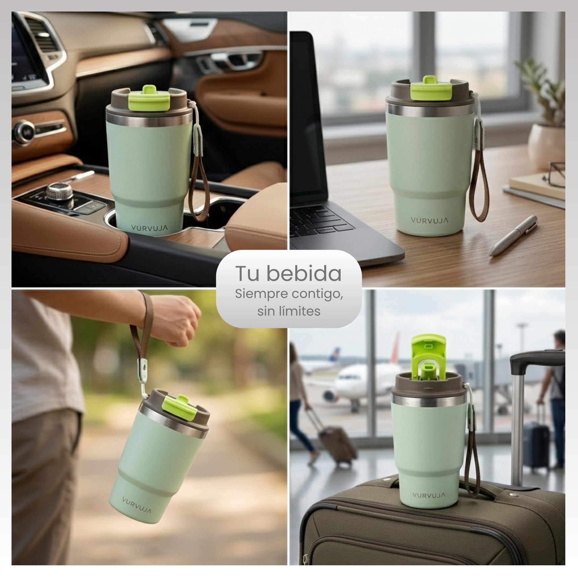 Vaso Termico 470ml de Acero Inoxidable 3en1 con Pajita y Tapa Antifugas. Taza Termica con Correa Integrada, Reutilizable y sin BPA. Termo Cafe para Llevar con Doble Pared para Frío y Calor. (Mint) — view 7