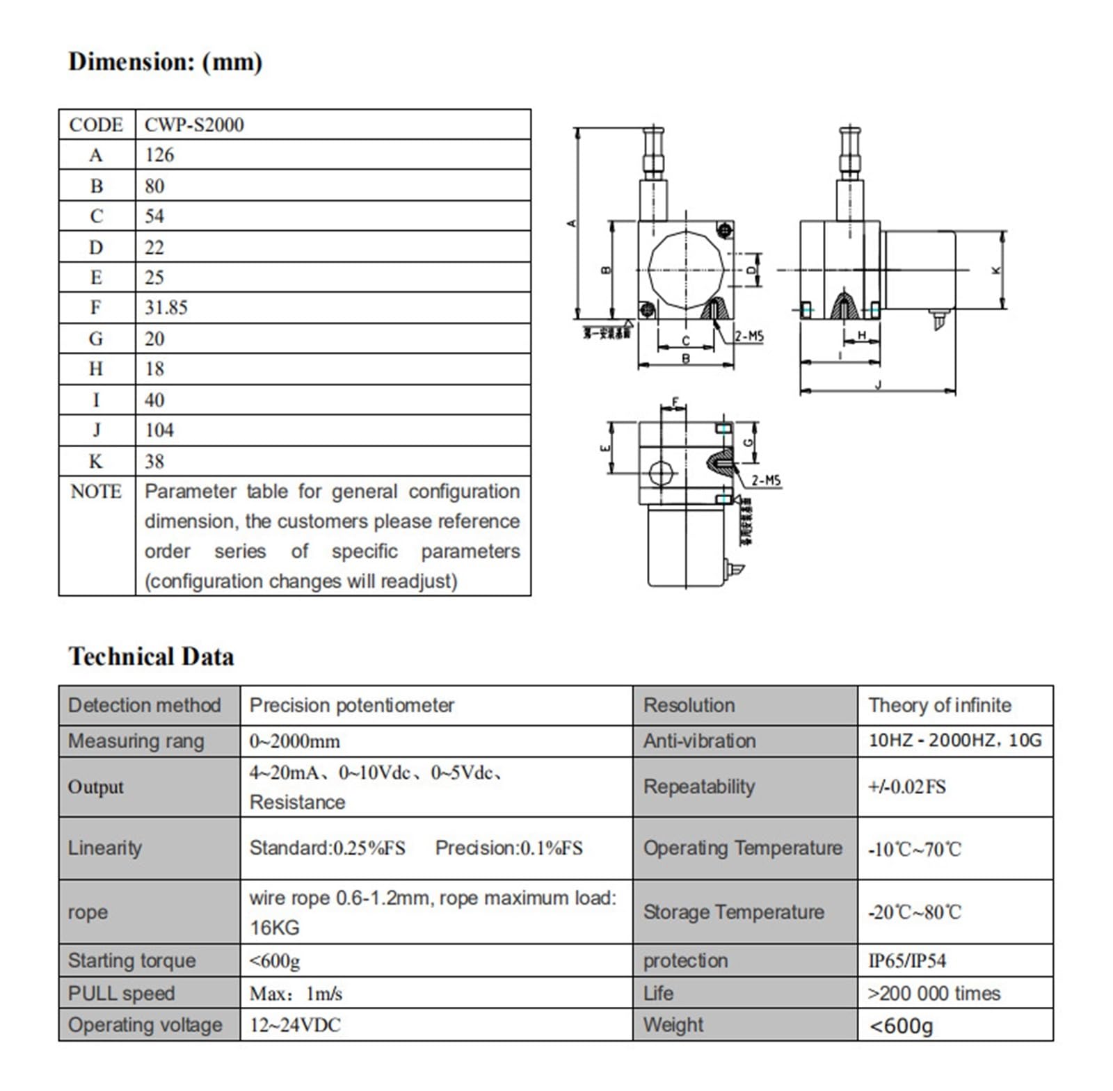 Trasduttore di Posizione e Spostamento CWP-S2000 Sensore a Filo 0-5 V 0-10 4-20 mA Kohm Uscita(4-20ma)