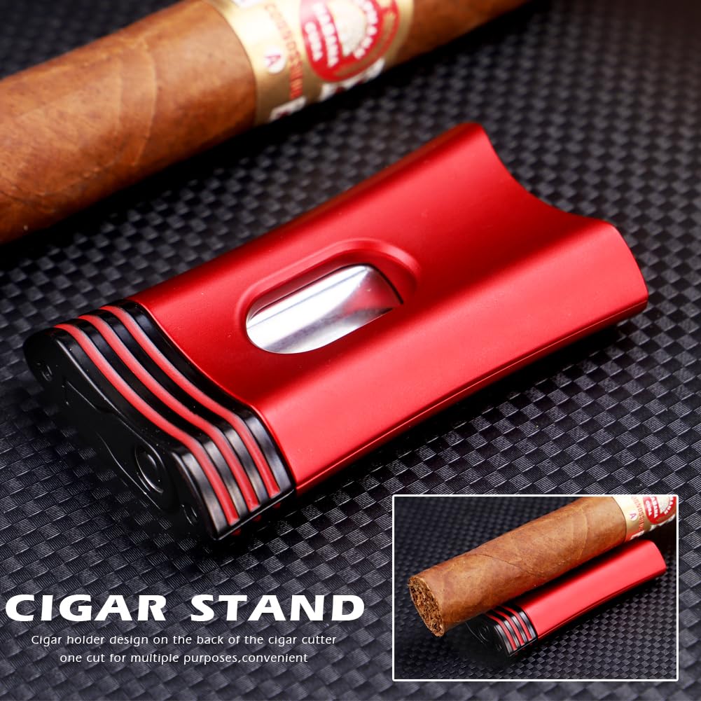 KEENSUN 3-in-1 Zinc Alloy V-Cut Cigar Cutter (Red) with Cigar Holder on The Back and Cigar Punch at The Bottom, 60 Ring Gauge - Image 3