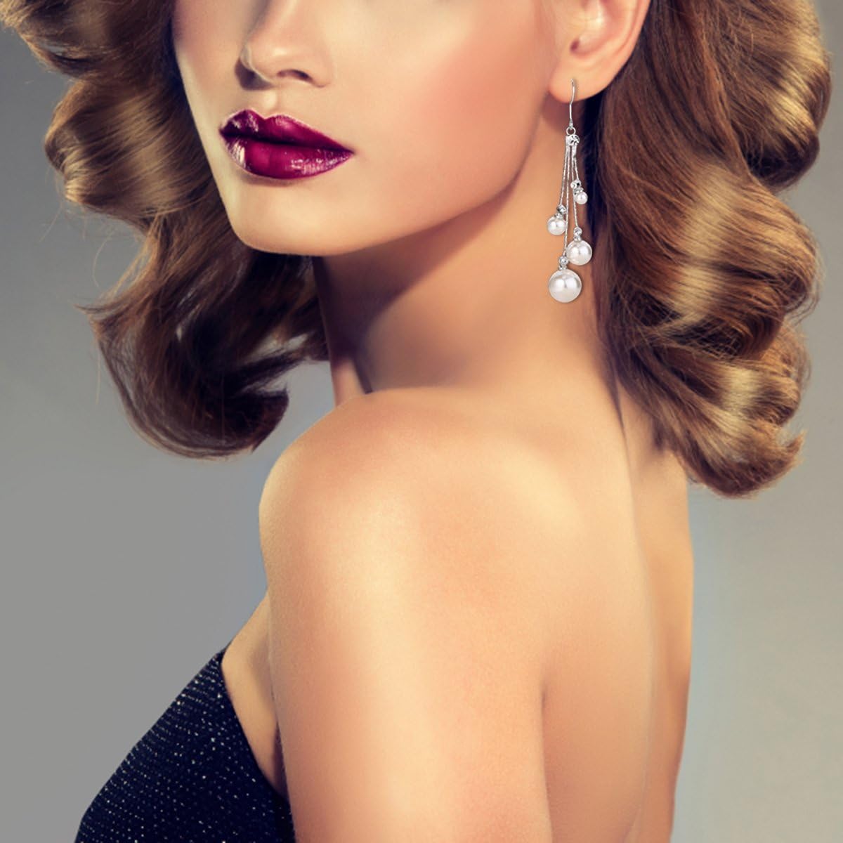 EleQueen Women's Silver-tone Crystal Simulated Pearl 4 Chain Bridal Long Dangle Hook Earrings Ivory Color - Image 2