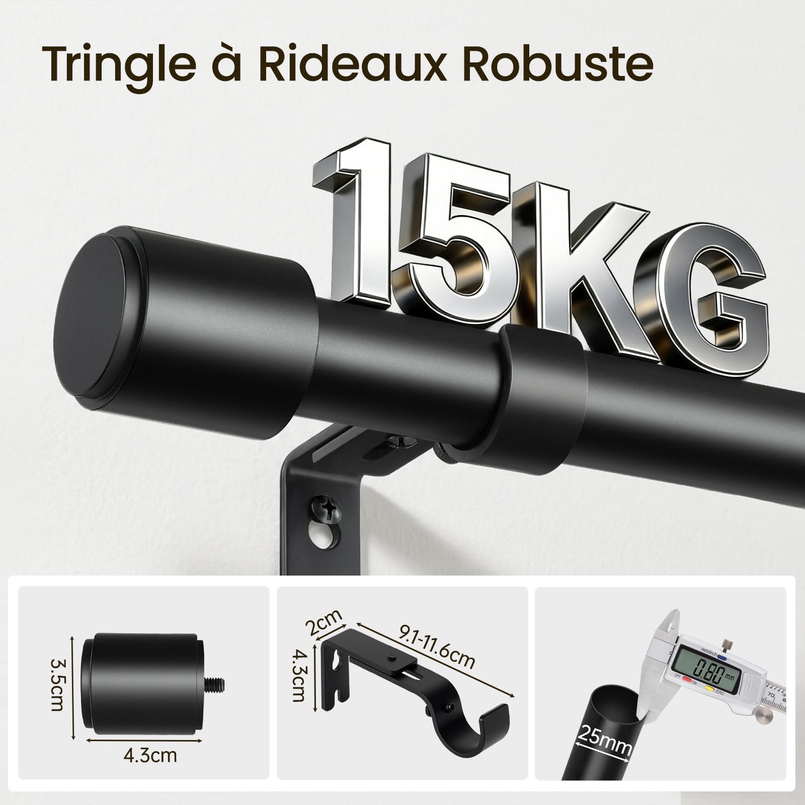 Tringle à Rideaux 81-218 cm Noir Mat, Ø 25 mm Barre en Métal pour Rideaux à Œillets, Extensible, Idéal pour Chambre, Salon & Porte-Fenêtre
