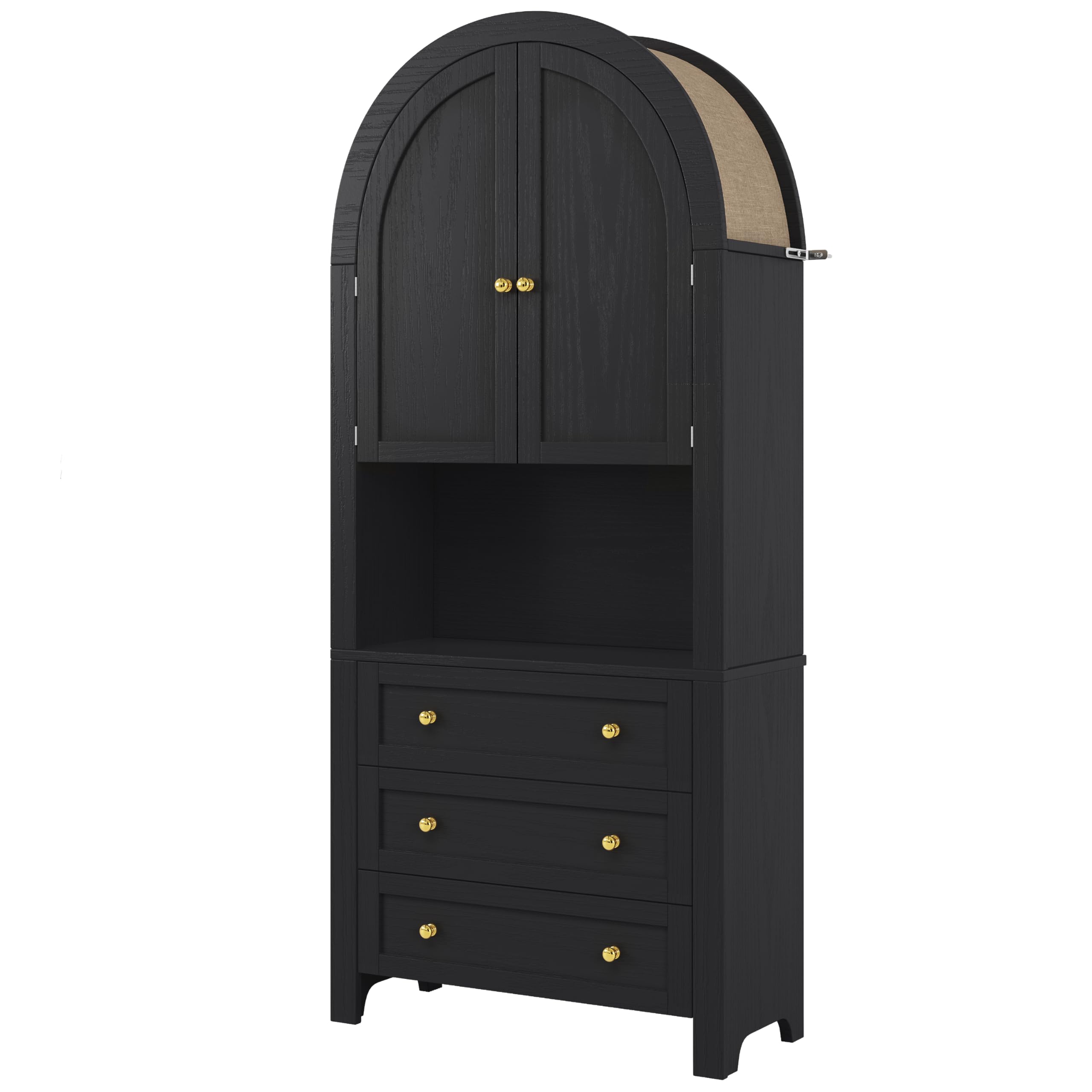 Armoire de rangement à 3 tiroirs, armoire multifonction haute | Zone d'exposition ouverte, armoire de cuisine avec portes arquées, pour cuisine, salon, couloir, 70 x 35 x 180 cm, noir
