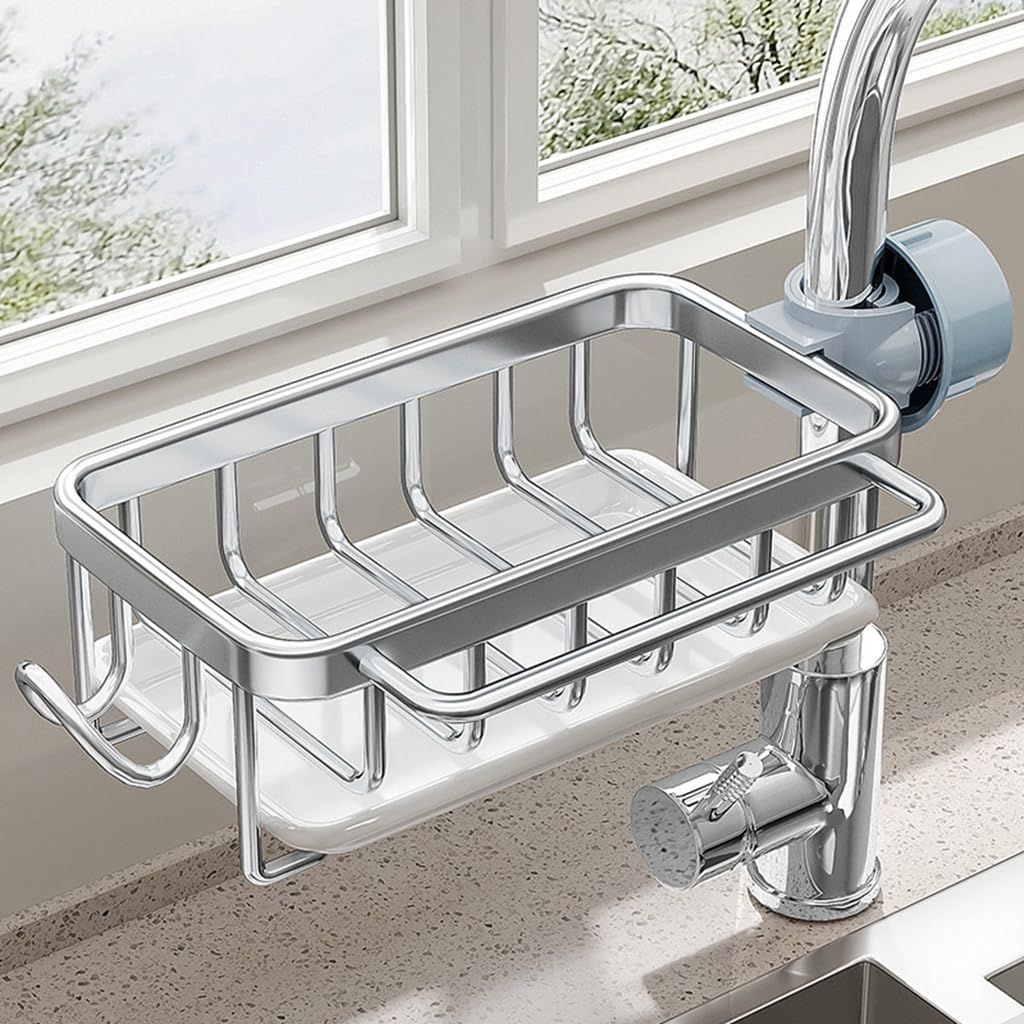 Kitchen Sink Faucet Organizer, Kitchen Caddy Sink Organizer, 2024 New Upgraded Sponge Holder for Kitchen Sink, Sink Caddy Holder with Drip Tray, for 0.7-1.1in (3, Silver)