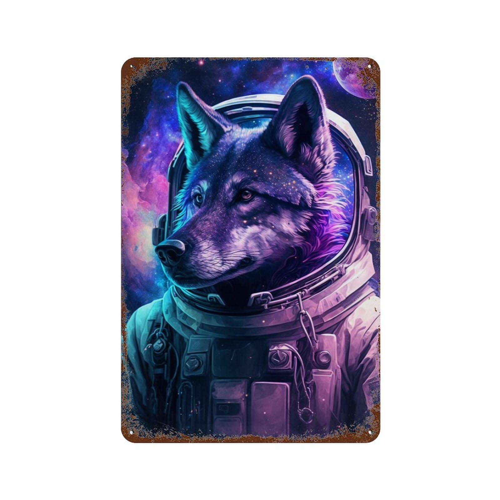 Cosmic Wolf Astronaut Vintage Metal Tin Sign 11.8"x7.9", Farmhouse Wall Decor for Garage, Bar And Workshop Decor