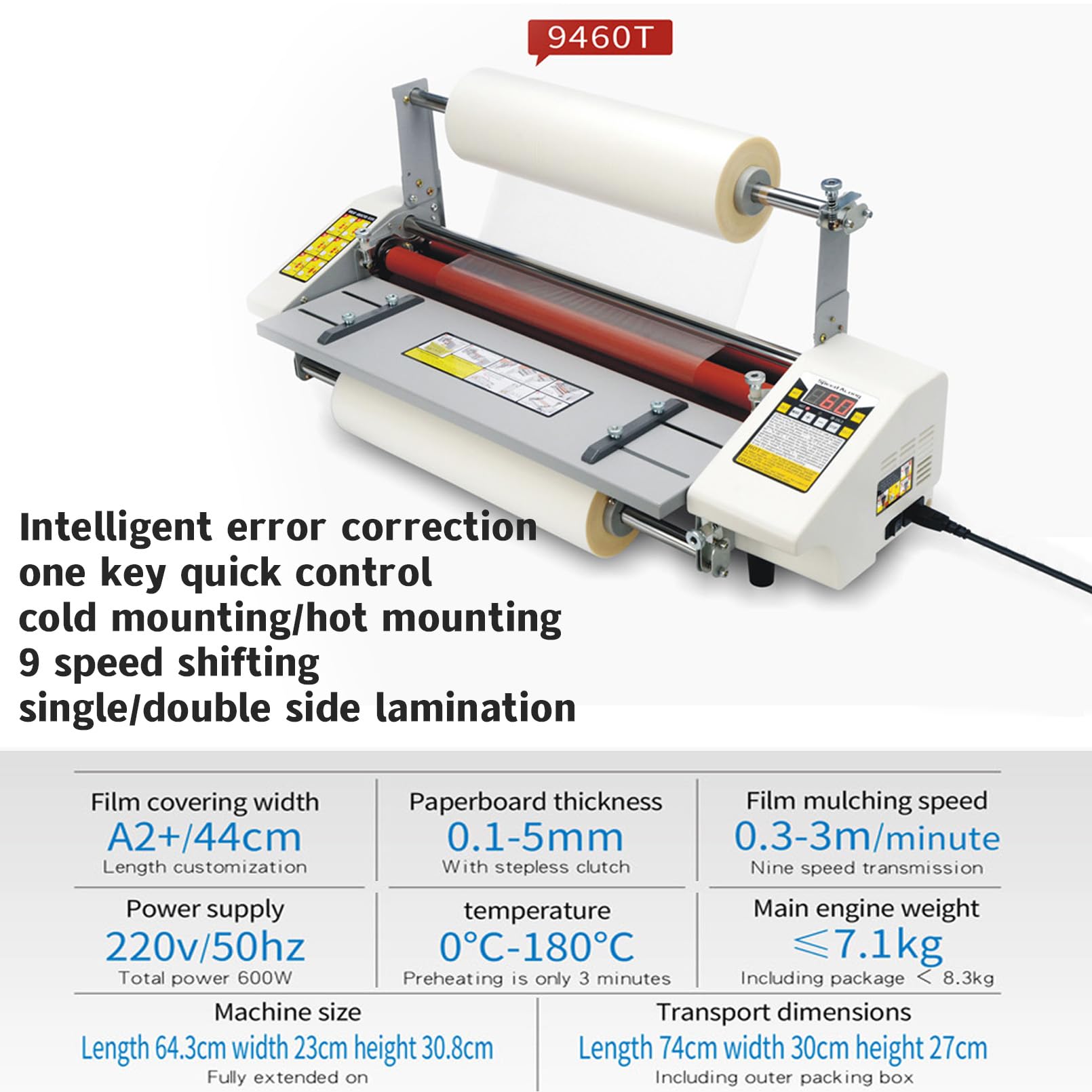 Macchina laminatrice di carta con schermo LCD, fogli di laminazione termica calda e fredda larga 440mm, velocità regolabile 0.3-3M/min, 0-180°C, spessore 0.1-5mm per insegnante di scuola dell'ufficio