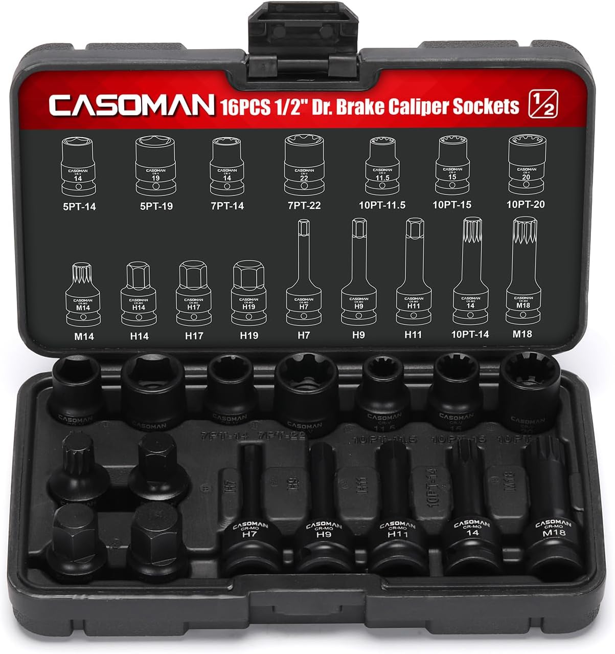 CASOMAN 16-Piece 1/2" Drive Impact Brake Caliper Socket Set, 5PT 7PT 10PT M14 M18 & Hex Sockets Compatible with Ford Benz BMW VW Audi Porsche